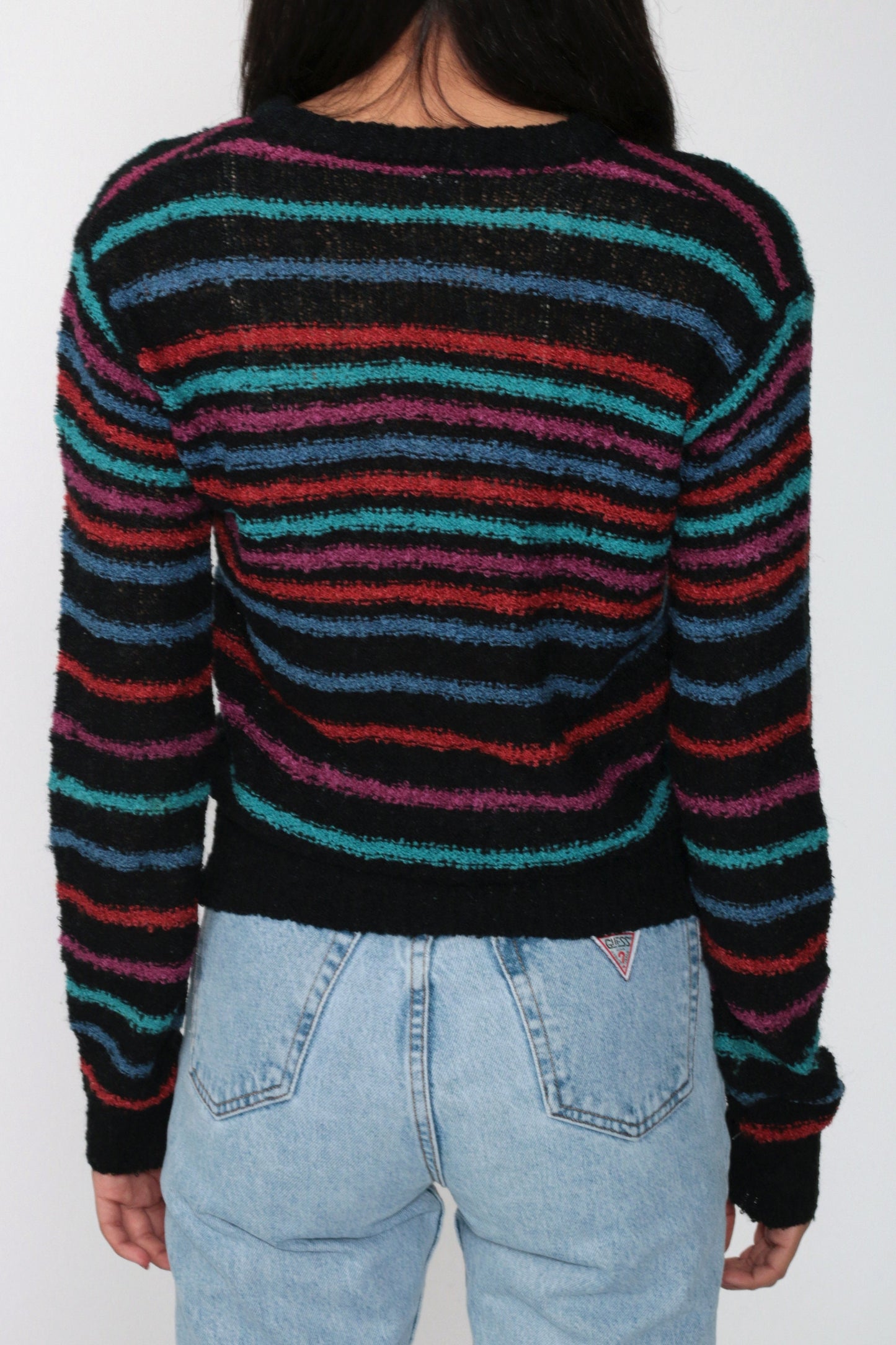 80s Black Striped V-Neck Sweater Pullover Knit Small