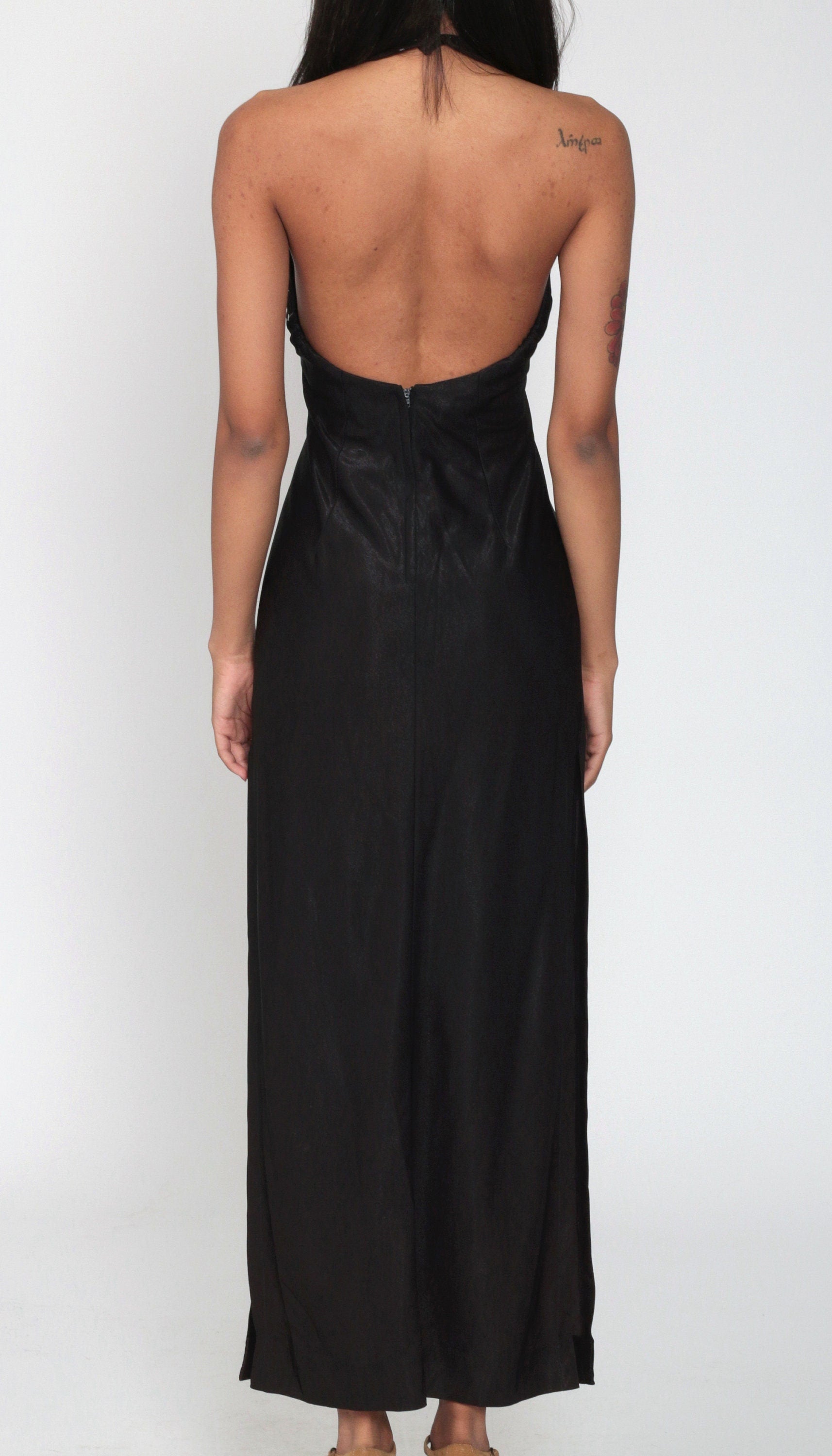 70s Frederick's of Hollywood Black Glitter Maxi Dress Halter Cutout Extra Small