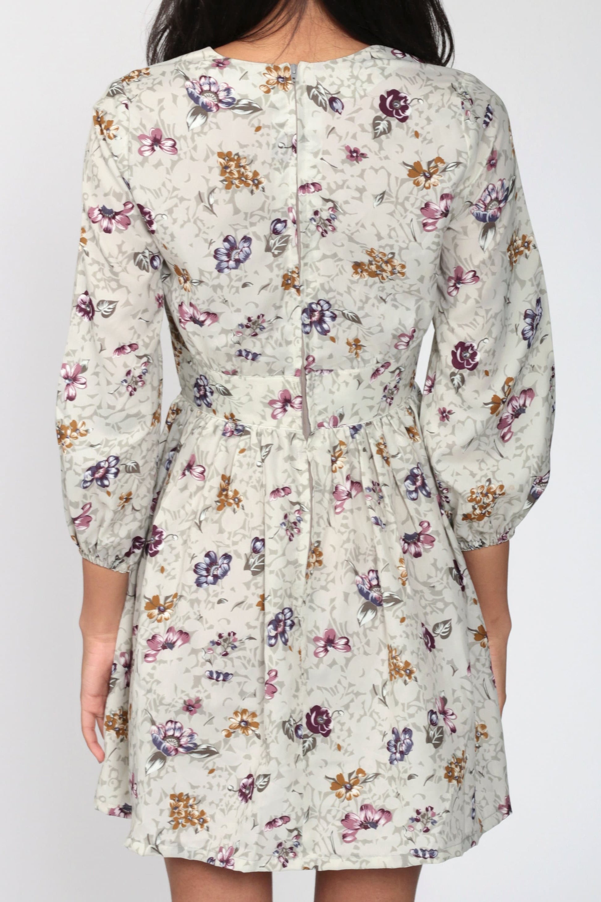 70s Floral Empire Waist Mini Dress Grey V-Neck Long Sleeve Small