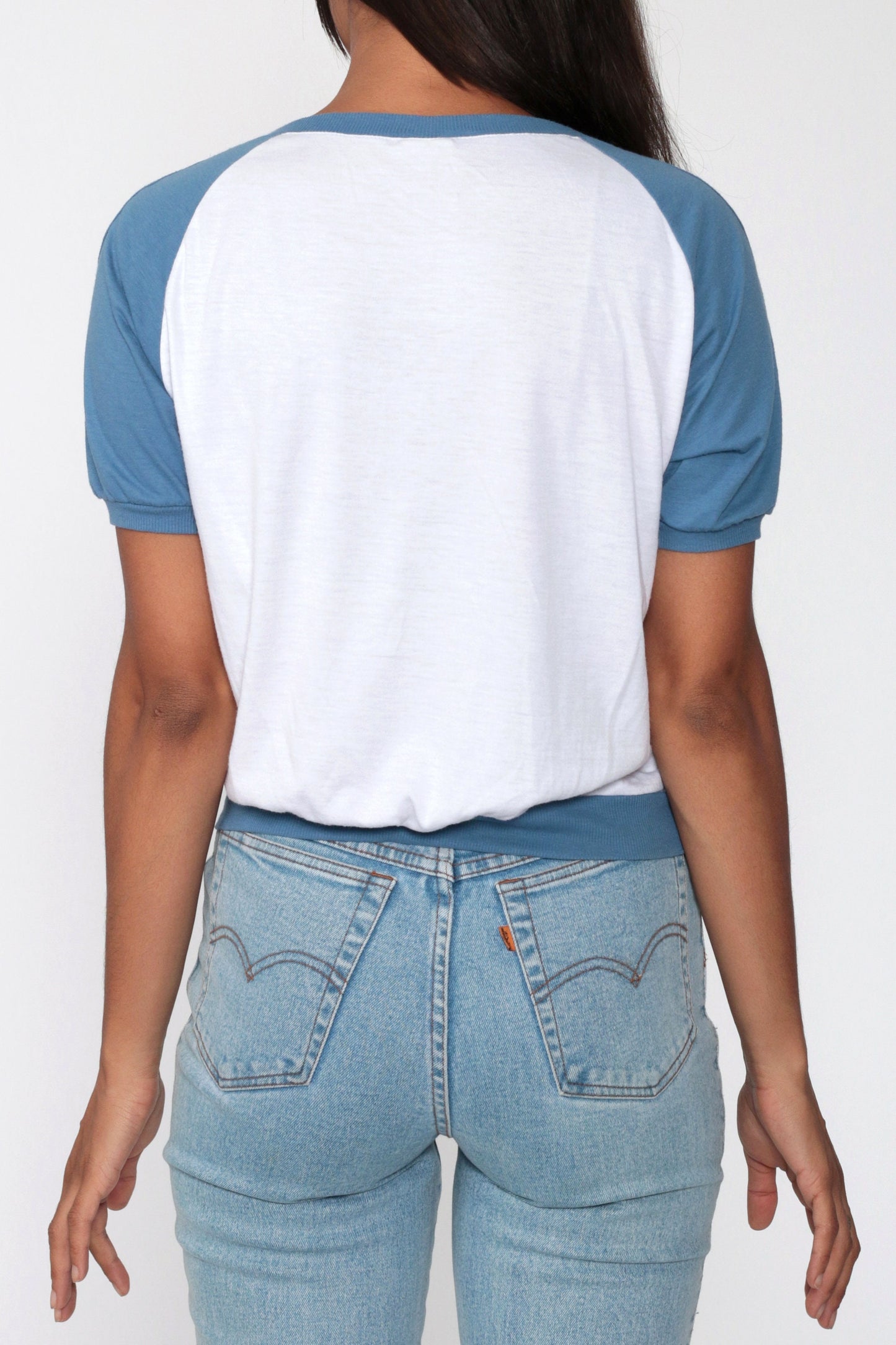 80s Mild City Raglan T-Shirt Mesh Pocket Blue White Small