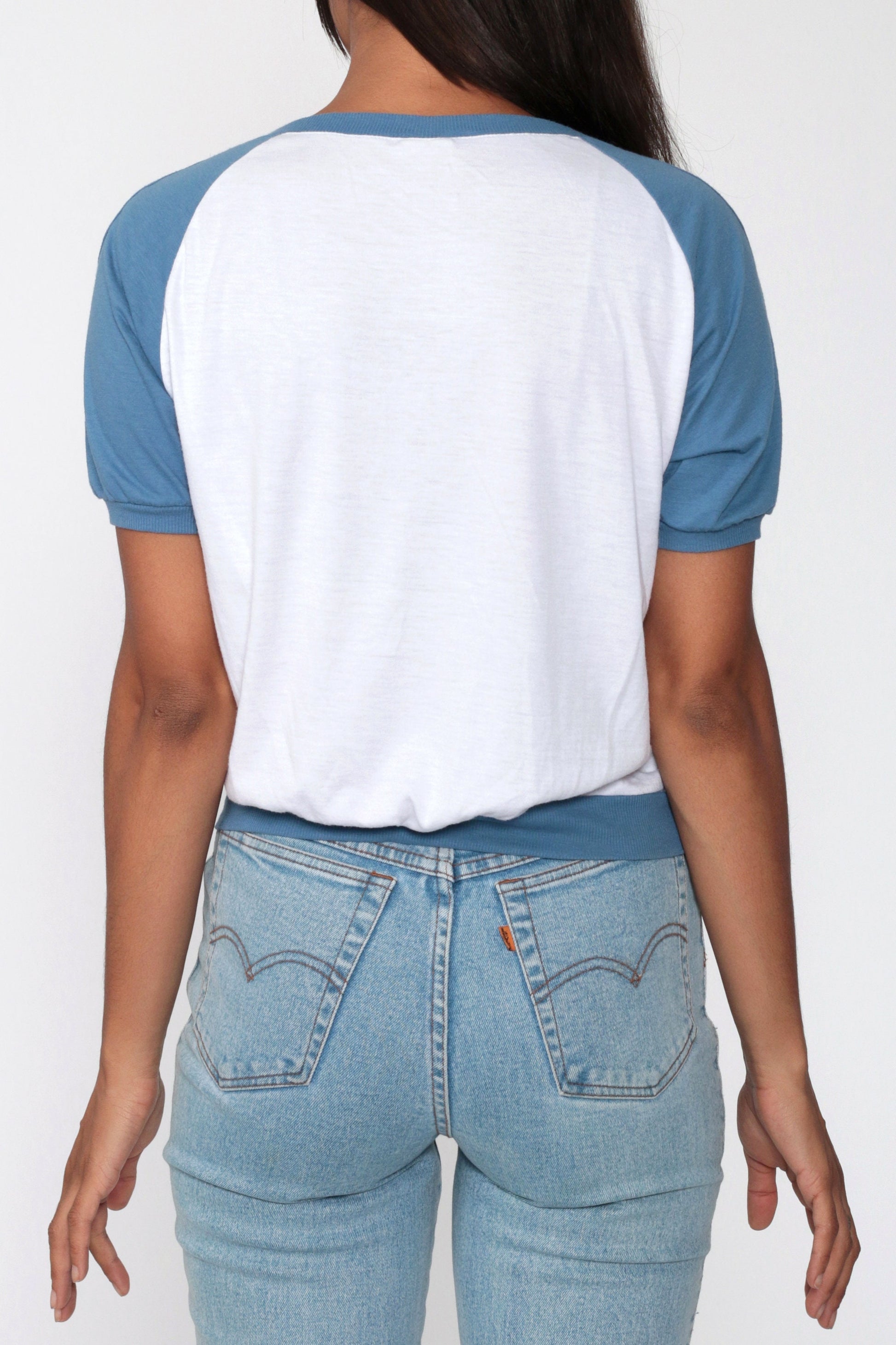 80s Mild City Raglan T-Shirt Mesh Pocket Blue White Small