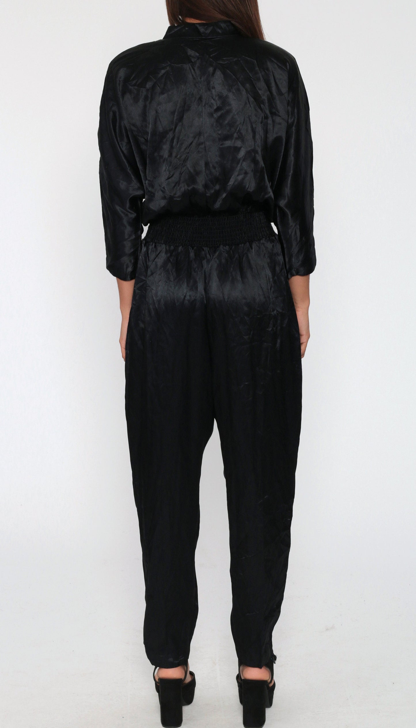 80s Black Satin Jumpsuit Dolman Sleeve Button-Up Tapered Small Medium