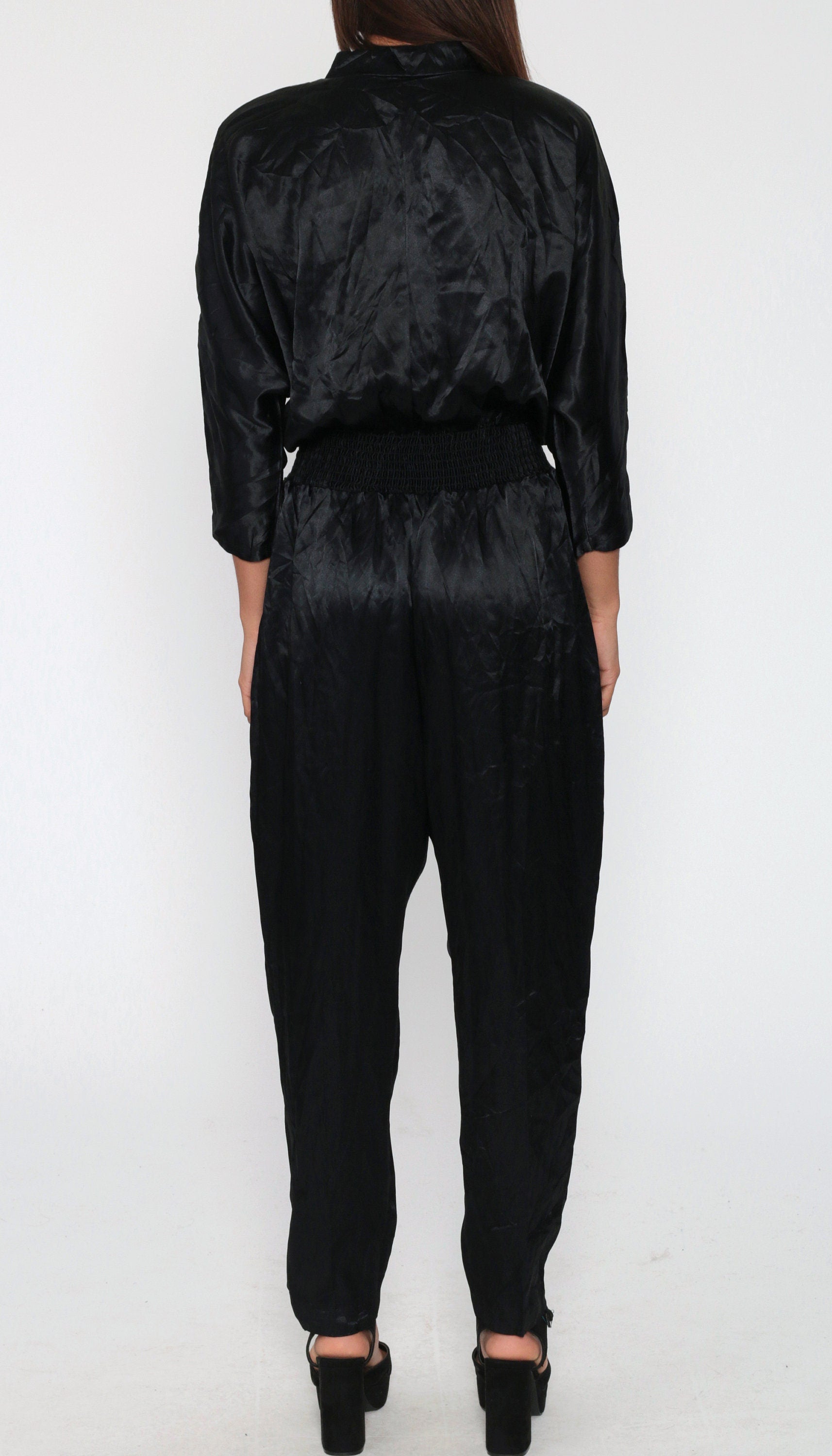 80s Black Satin Jumpsuit Dolman Sleeve Button-Up Tapered Small Medium