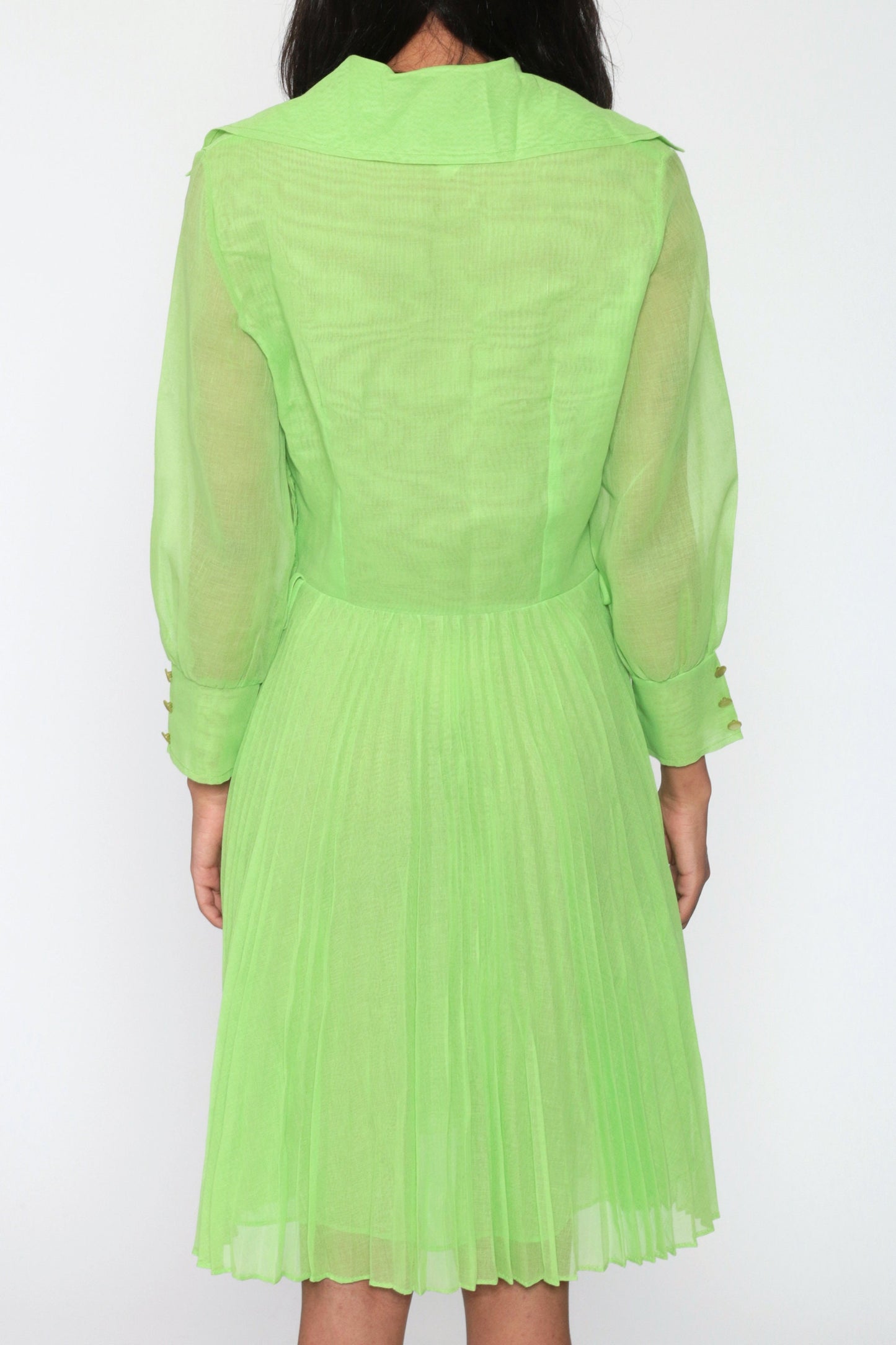 70s Green Sheer Button-Up Dress Pleated High-Waisted Long Sleeve Small