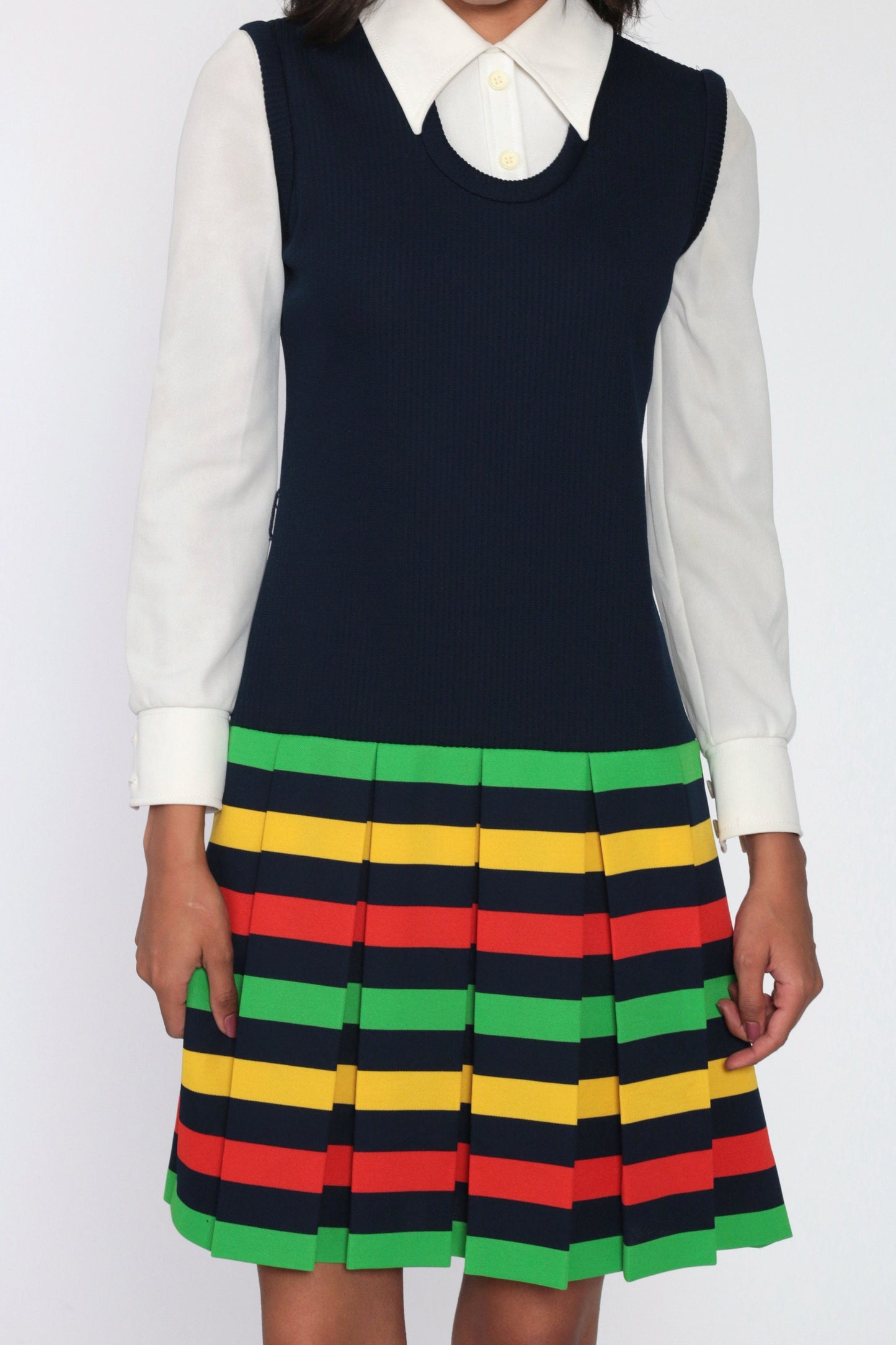 60s Mod Shift Dress Blue Striped Pleated Drop Waist Mini Small