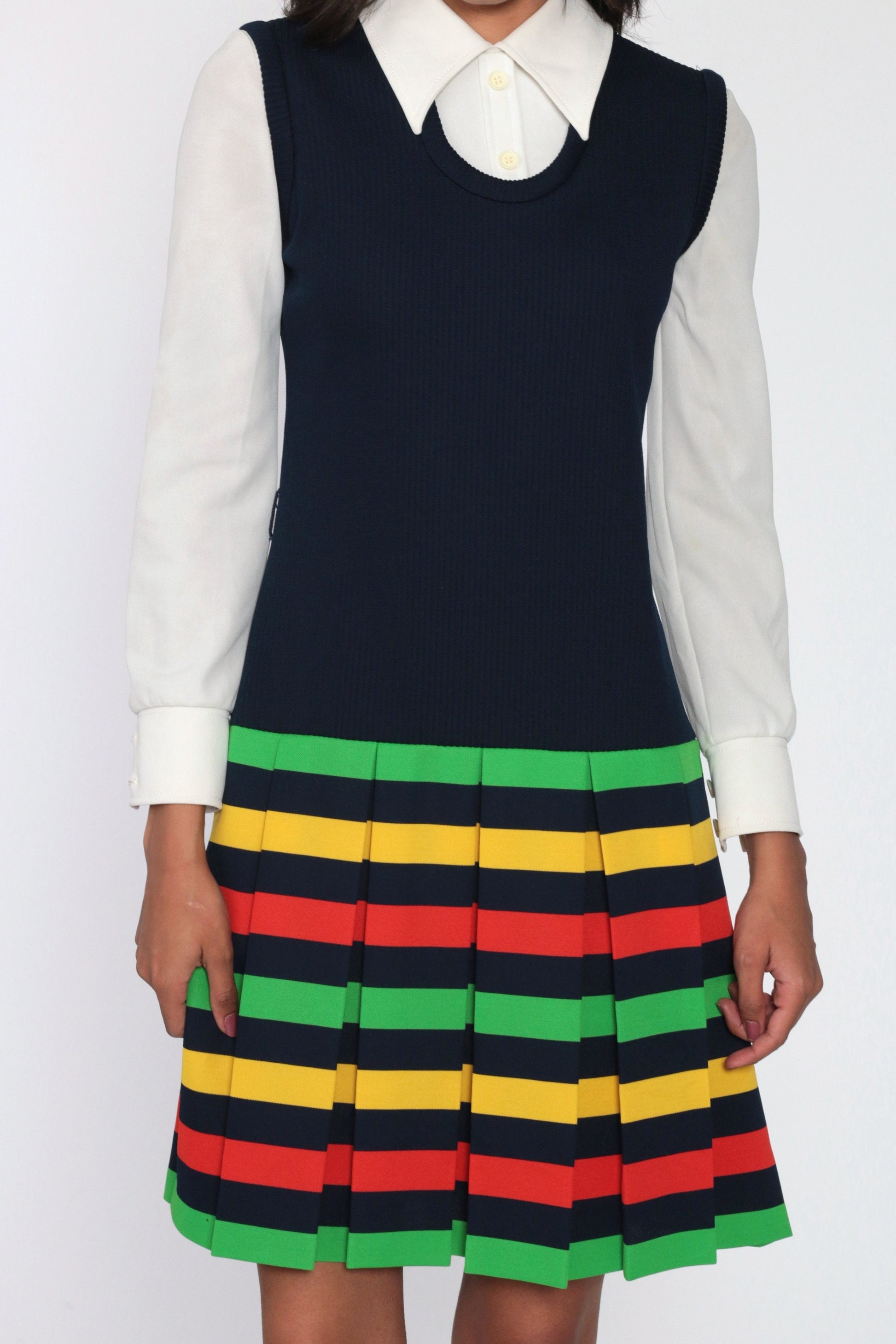 60s Mod Shift Dress Blue Striped Pleated Drop Waist Mini Small