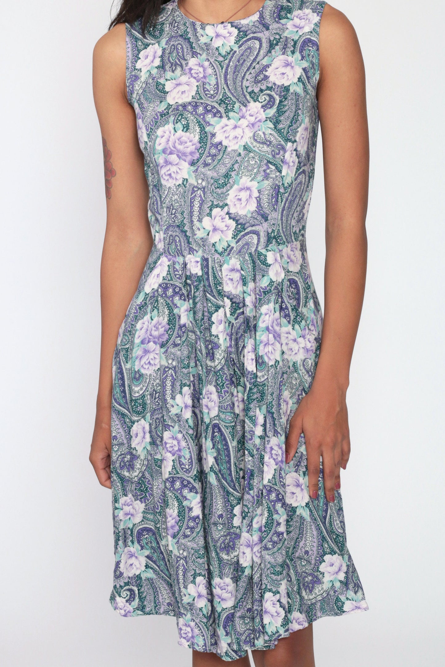 1970s Floral Paisley Button-Back Dress High Waist Midi Pockets Blue Extra Small