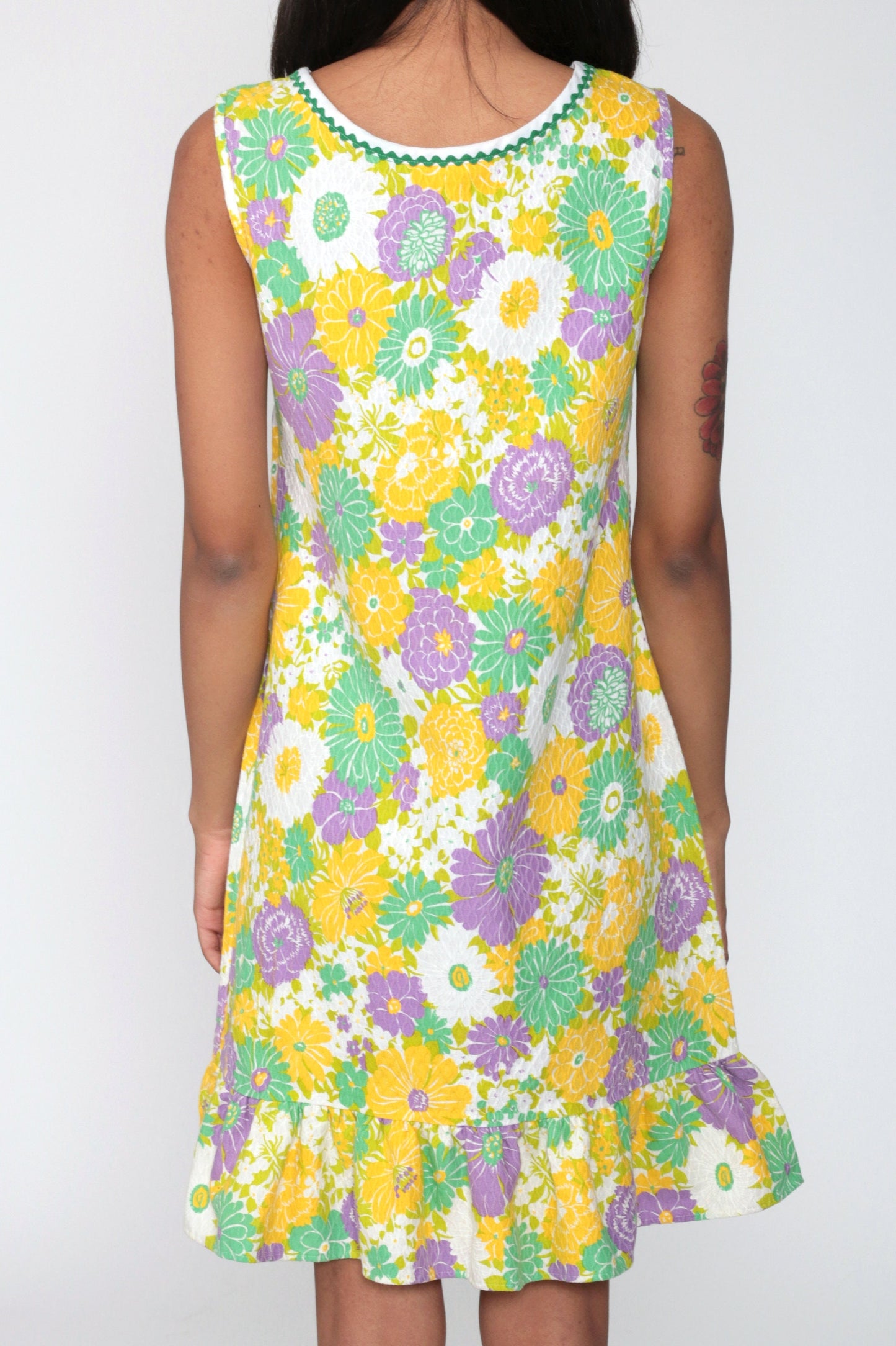 70s Floral Mini Shift Dress Yellow Green Psychedelic Front Zip Sleeveless Small
