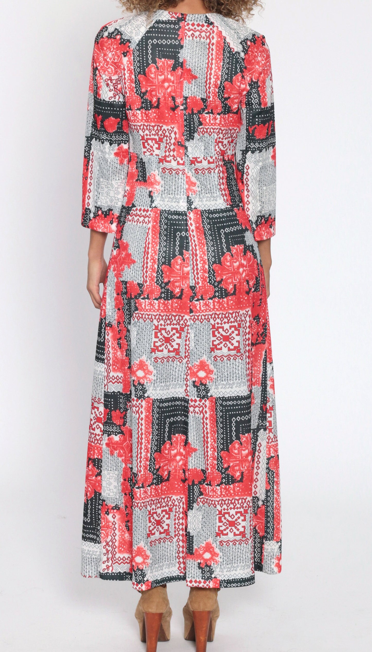 70s Abstract Geometric Maxi Dress High Waist Long Sleeve Red White Black Small