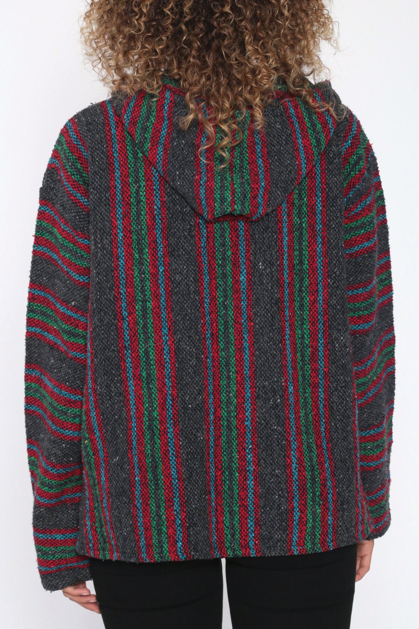 90s Mexican Drug Rug Baja Hoodie Grey Red Stripe Kangaroo Pocket Large