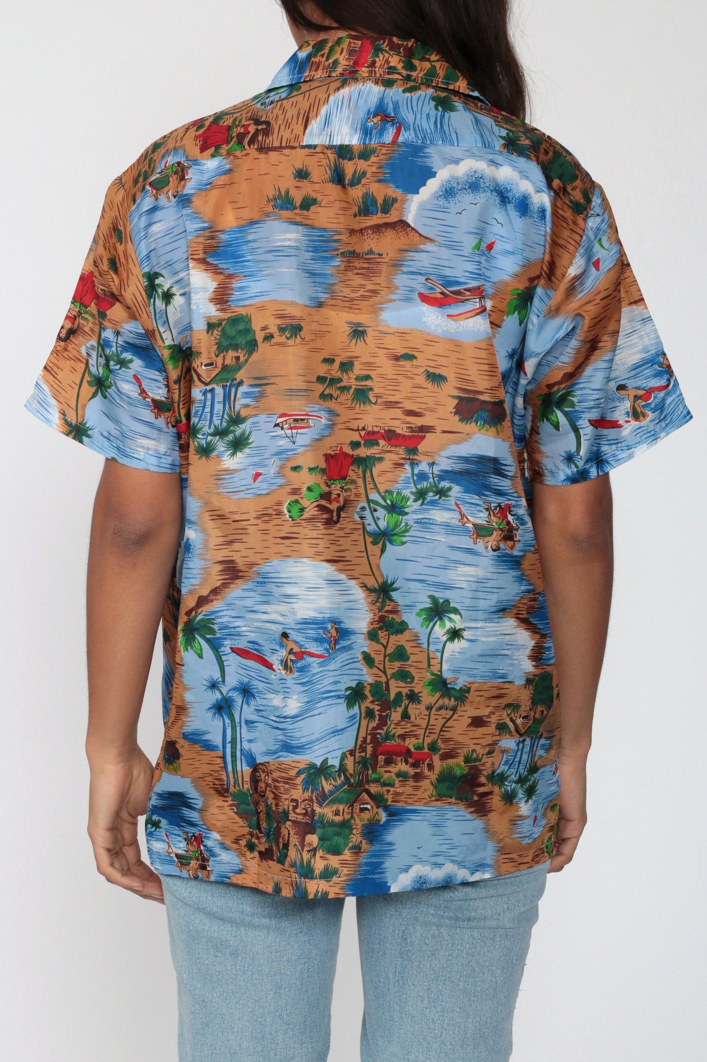 90s Hawaiian Shirt Surfer Ocean Print Button Up Sea Blue Medium
