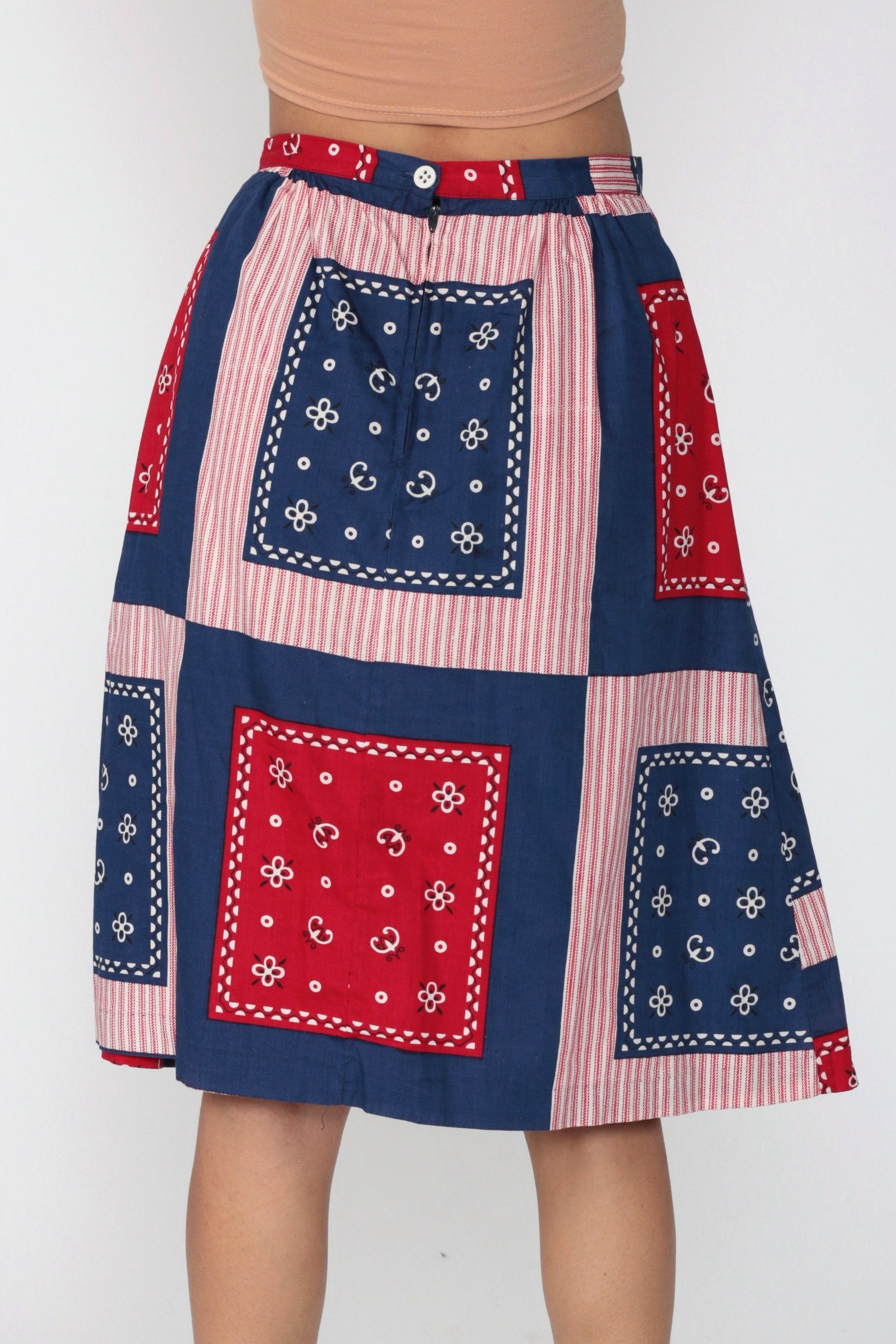 70s Scarf Print Midi Skirt High Waist Patchwork Red Blue Small