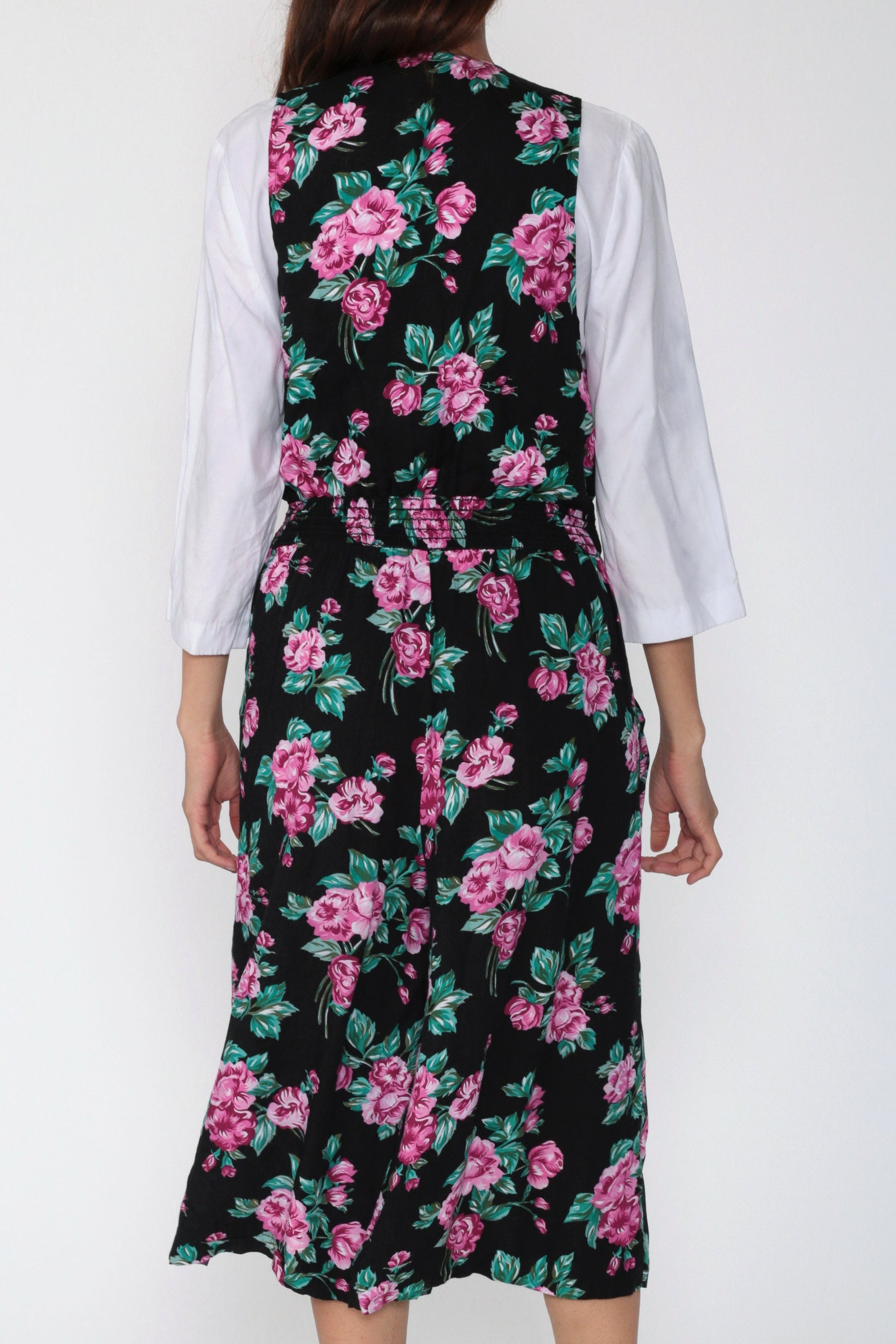90s Floral Deep V Jumpsuit Wide Leg High Waist Black Small