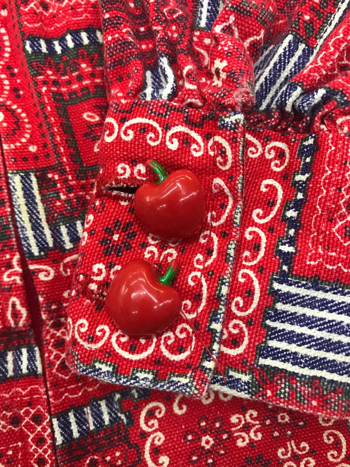70s Bandana Print Mini Dress Cherry Buttons Puff Sleeves High Waist Red Medium