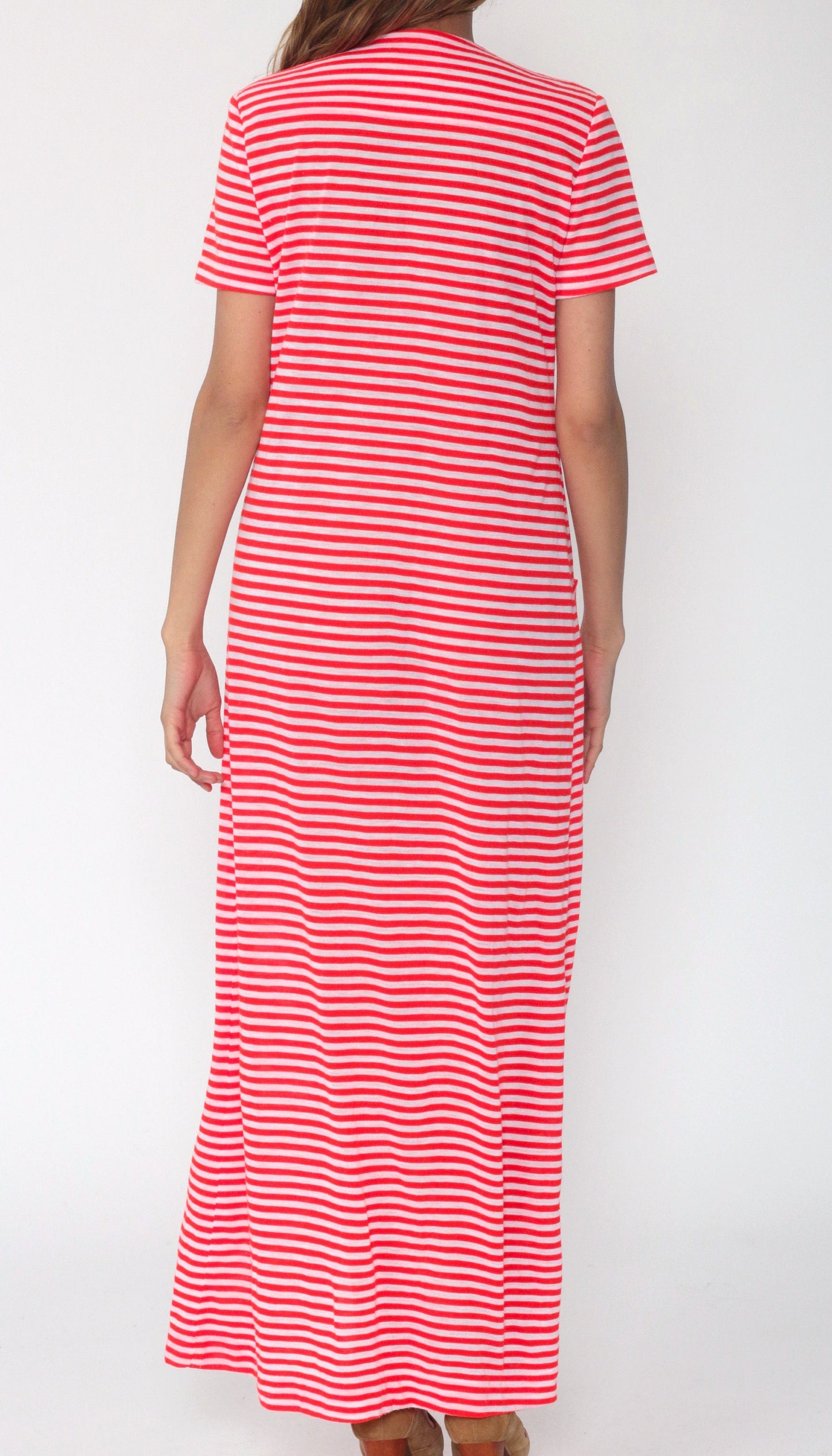 70s Red White Striped Maxi Dress Fish Pocket Front Zip Column Small Medium