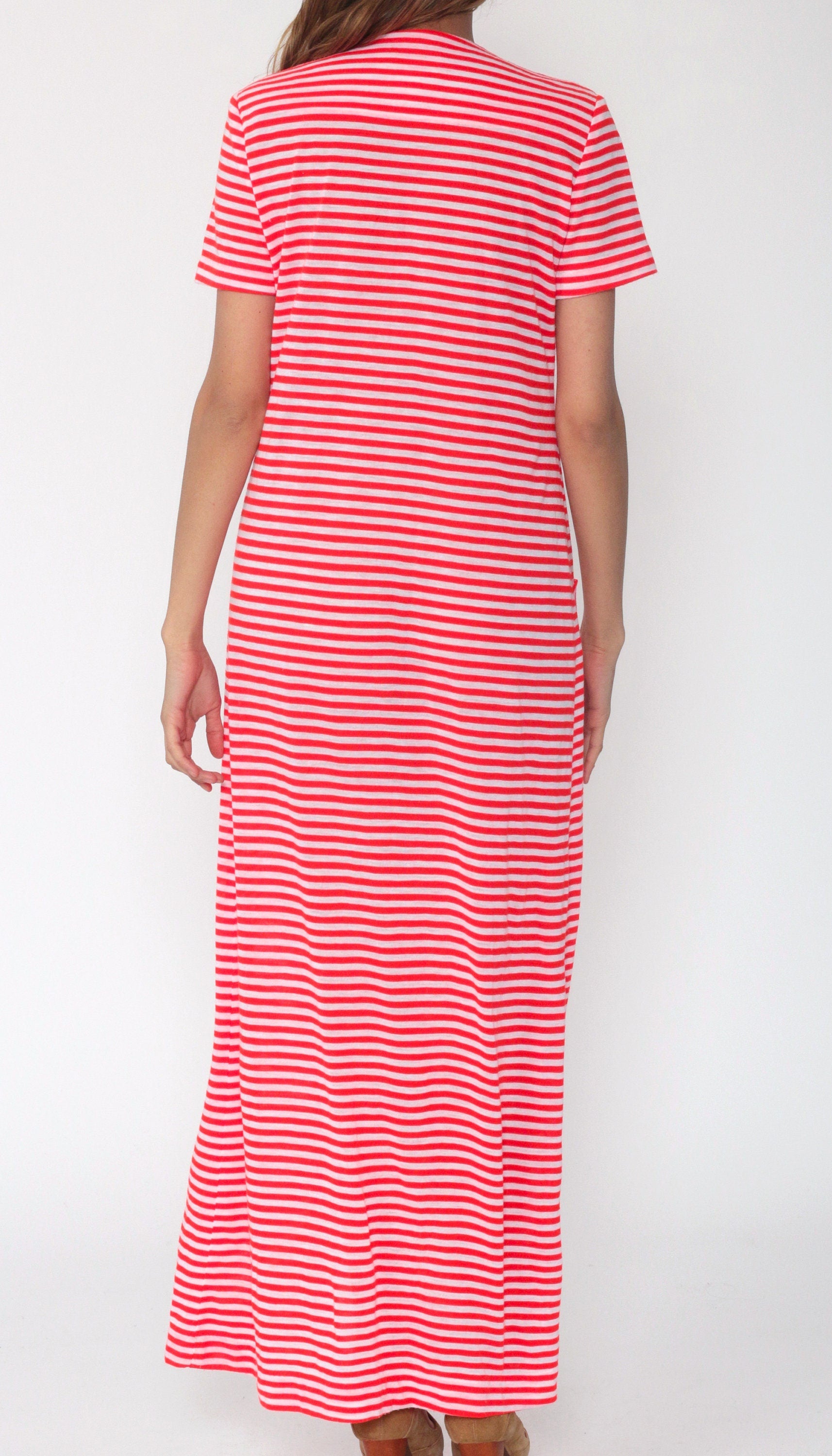 70s Red White Striped Maxi Dress Fish Pocket Front Zip Column Small Medium