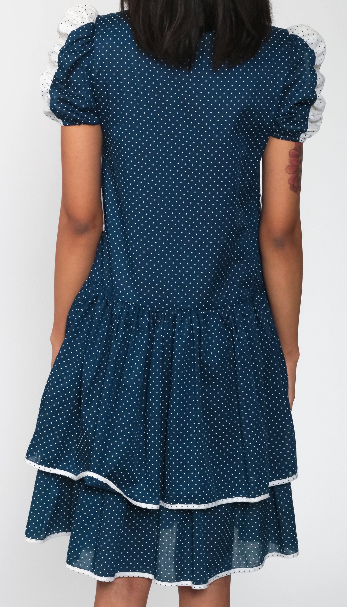 80s Blue Polka Dot Puff Sleeve Minidress Drop Waist Ruffled Small