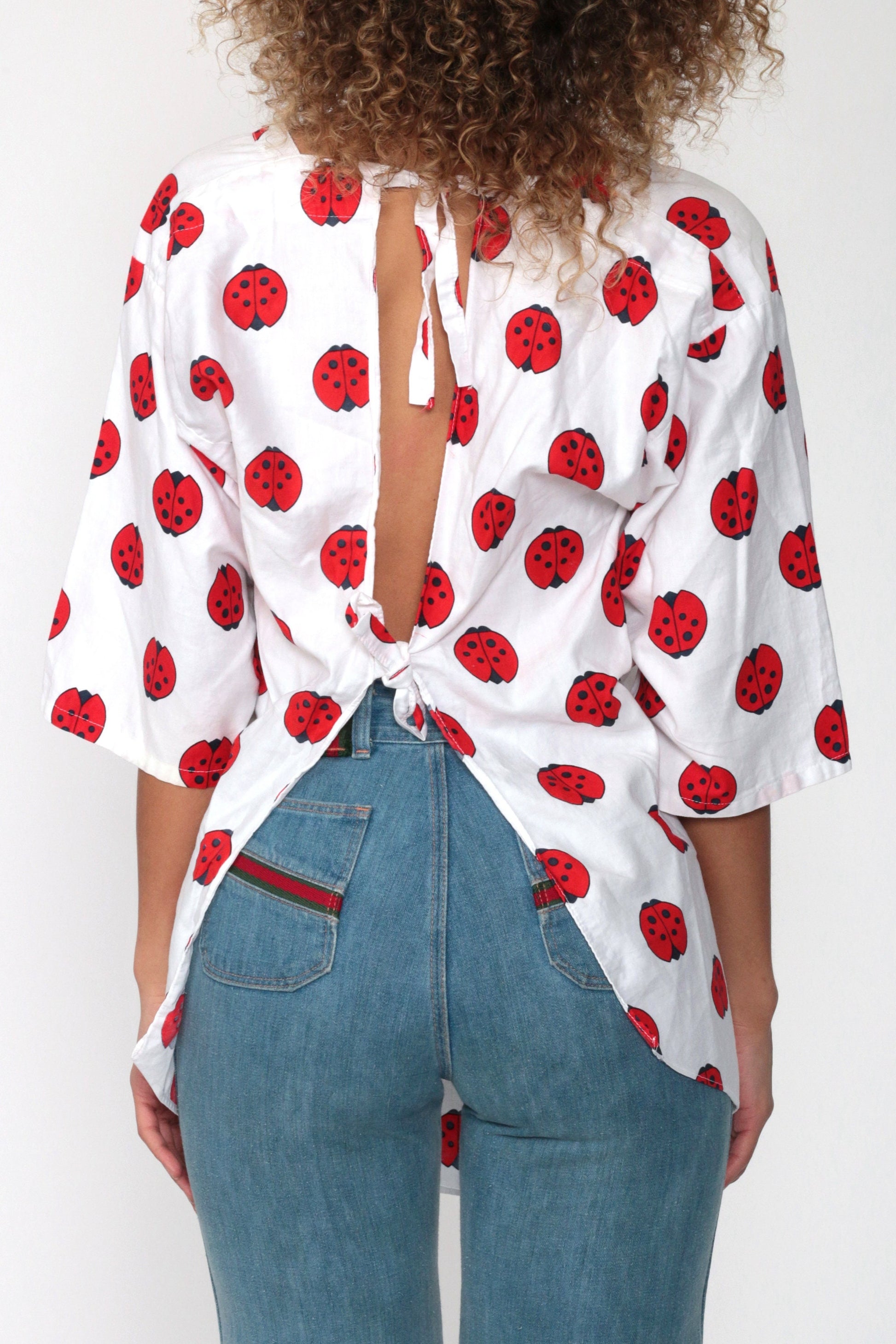 70s Ladybug Print Tunic Blouse Open Back 3/4 Sleeve Extra Small