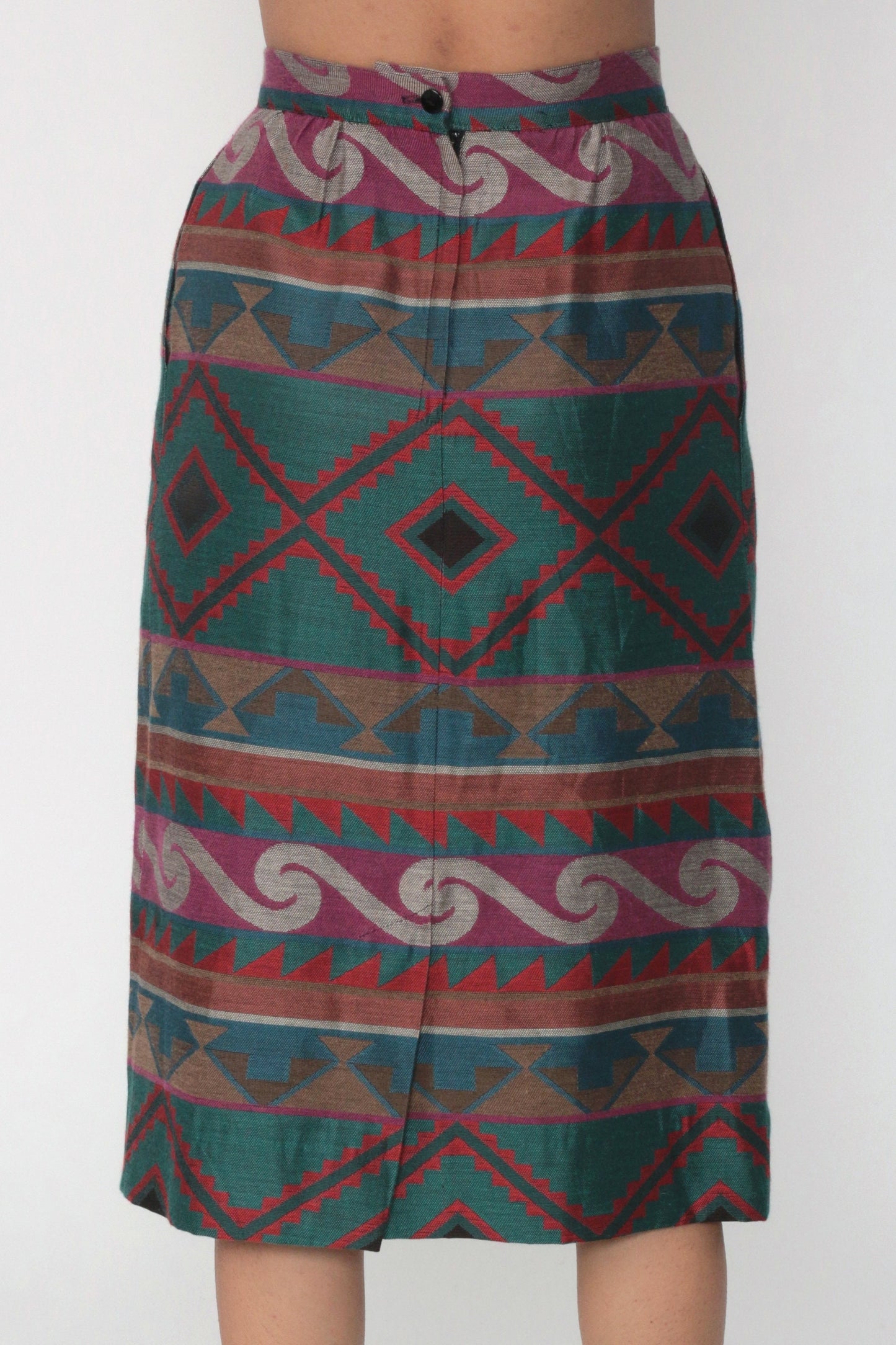 80s Tapestry Geometric High-Waist Knee Skirt Pencil Wiggle Extra Small XS