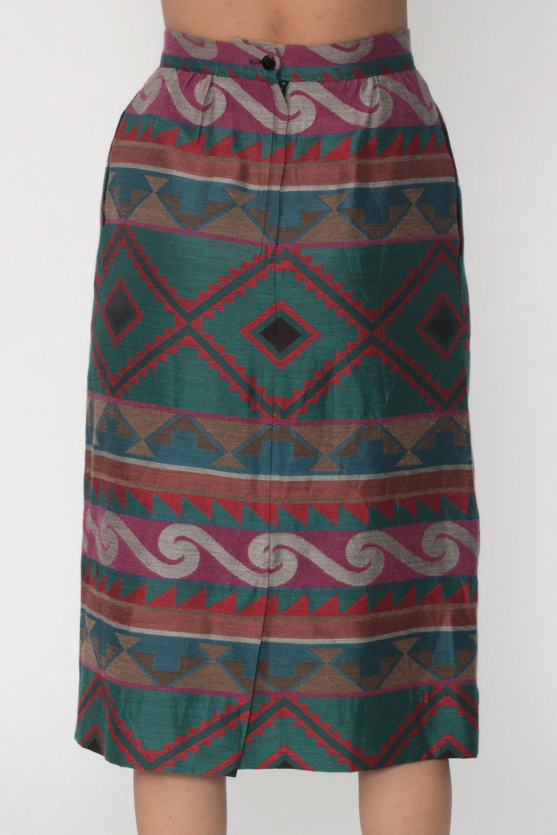 80s Tapestry Geometric High-Waist Knee Skirt Pencil Wiggle Extra Small XS