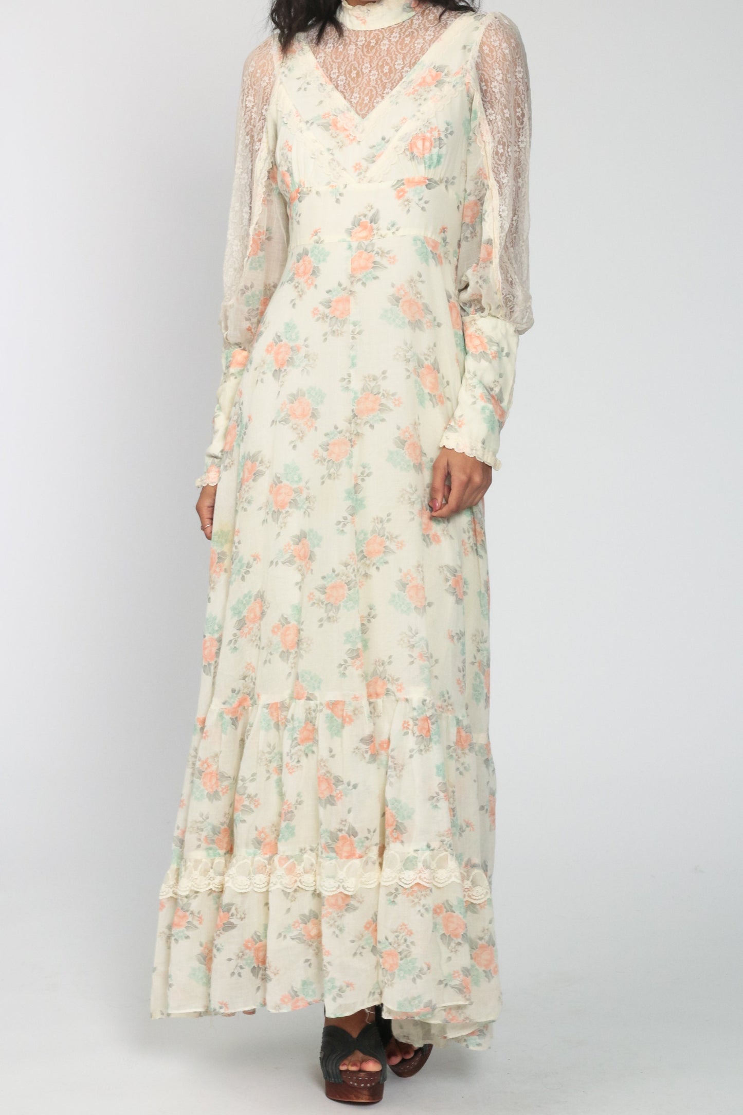 70s Gunne Sax Floral Maxi Dress Lace Sleeves Empire Waist Cream Small