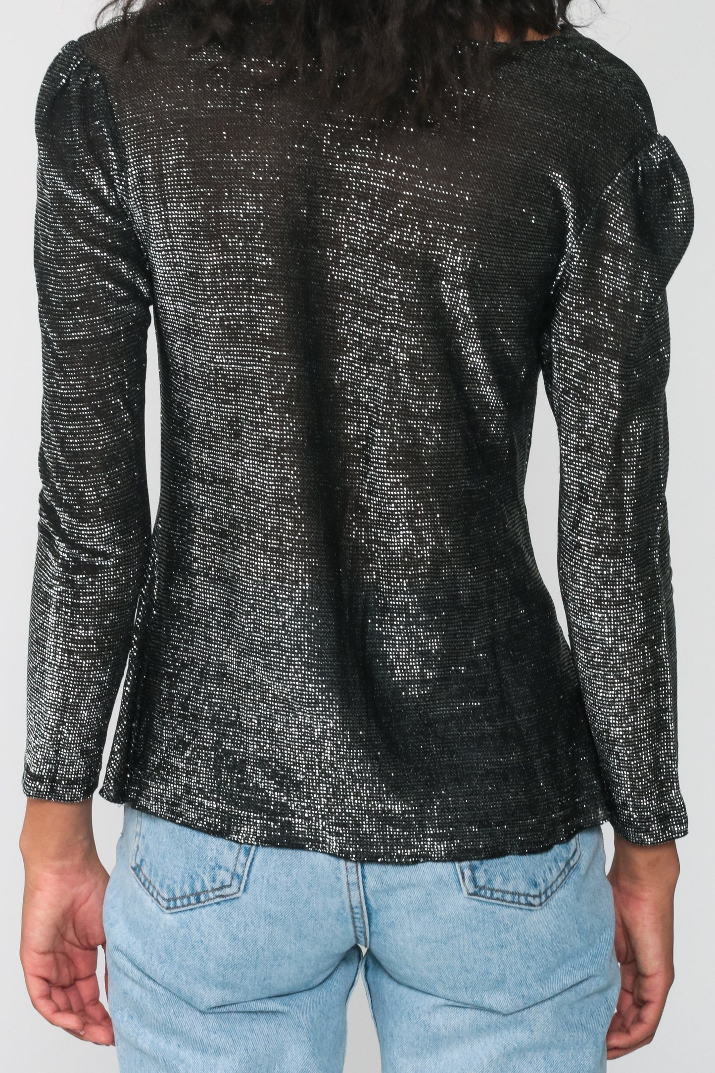 70s Metallic Silver Black Cowl Neck Blouse Puff Sleeve Sheer Top Small