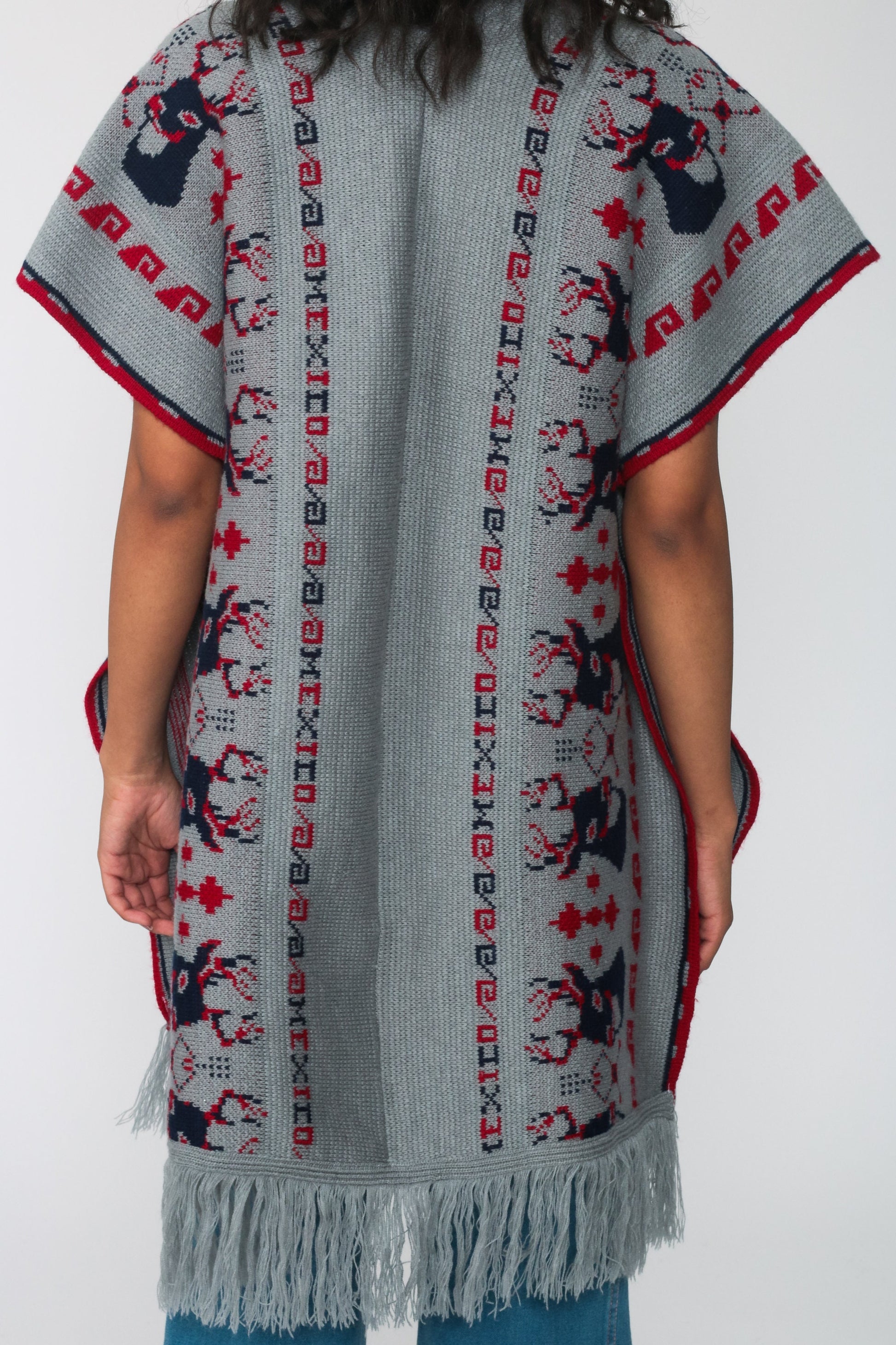 70s Deer Knit Poncho Shawl Fringe Cape Grey One Size