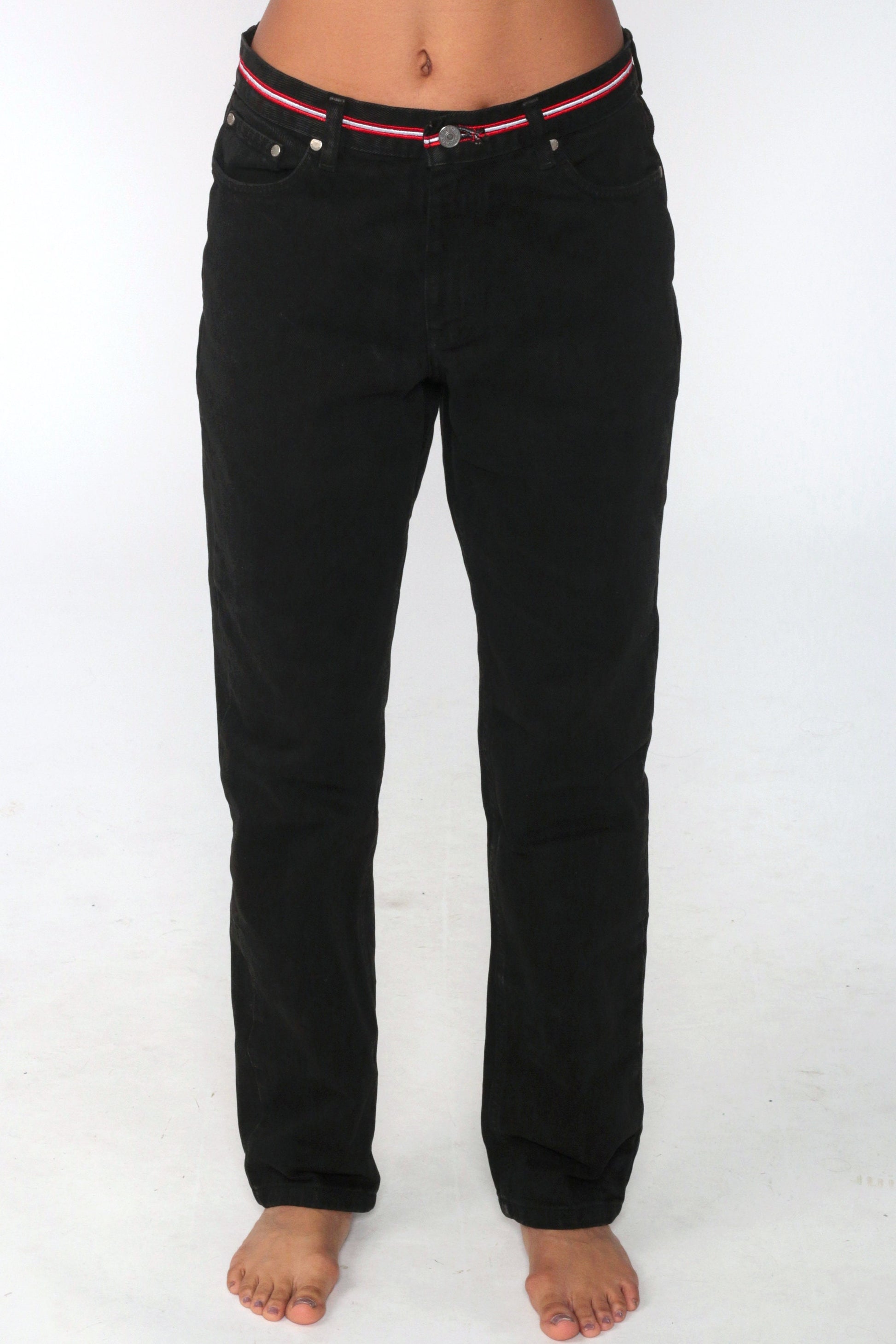 Tommy Hilfiger 90s Black Denim Mom Jeans Red Striped Waistband Size 6