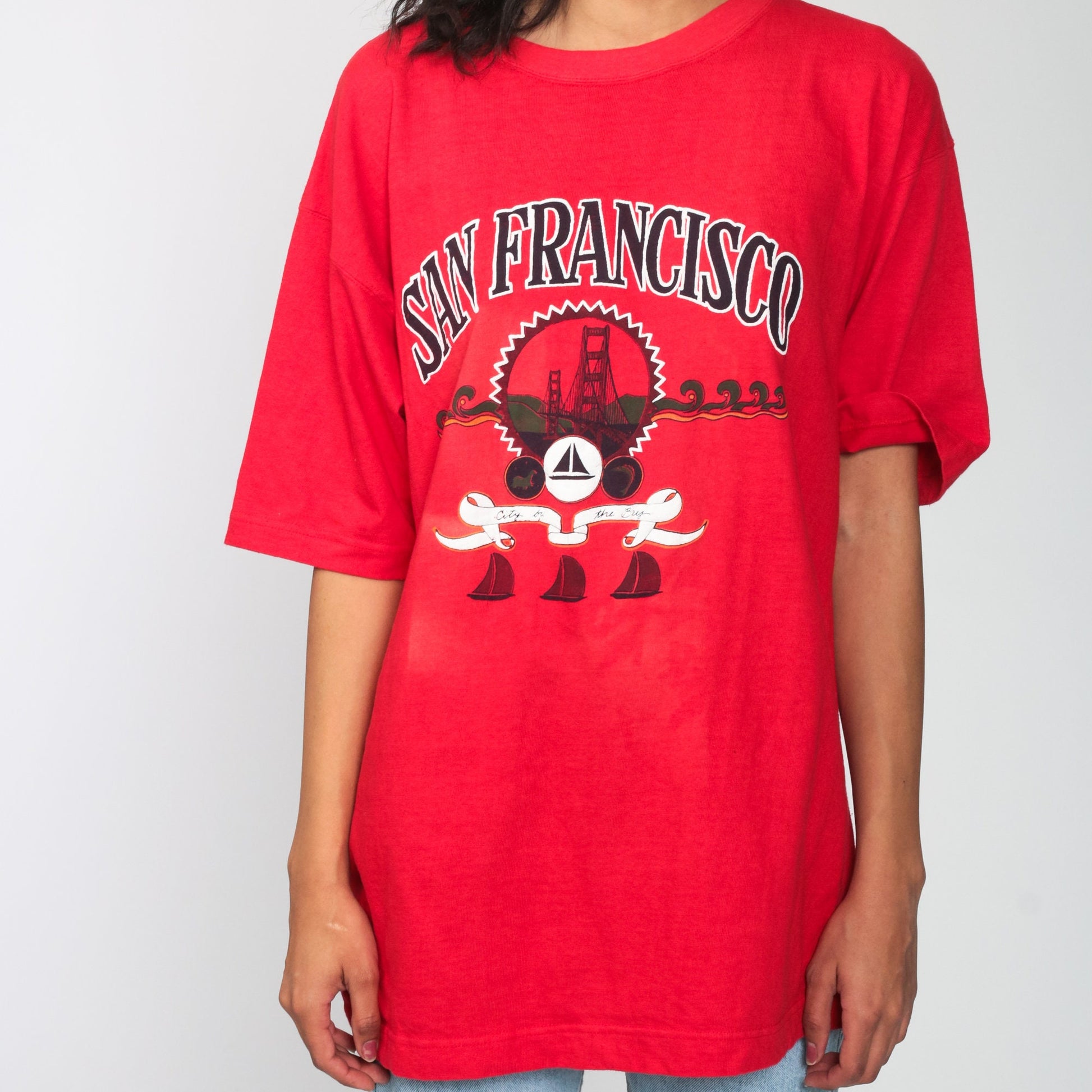 90s San Francisco Golden Gate Bridge Graphic Tee Red Sailboat Cotton Large