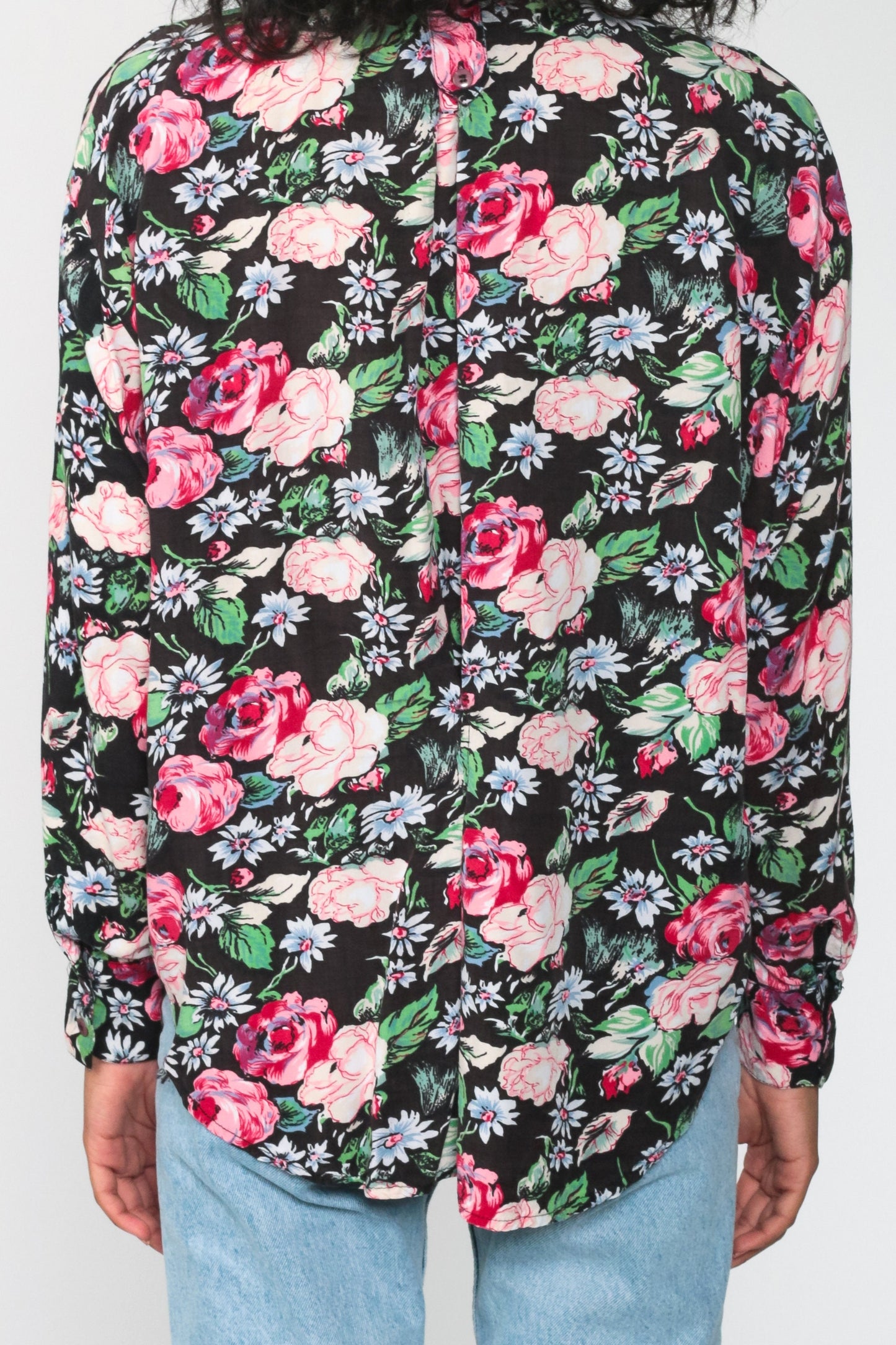 80s Floral Button Up Shirt Black Pink Print Long Sleeve Blouse Large
