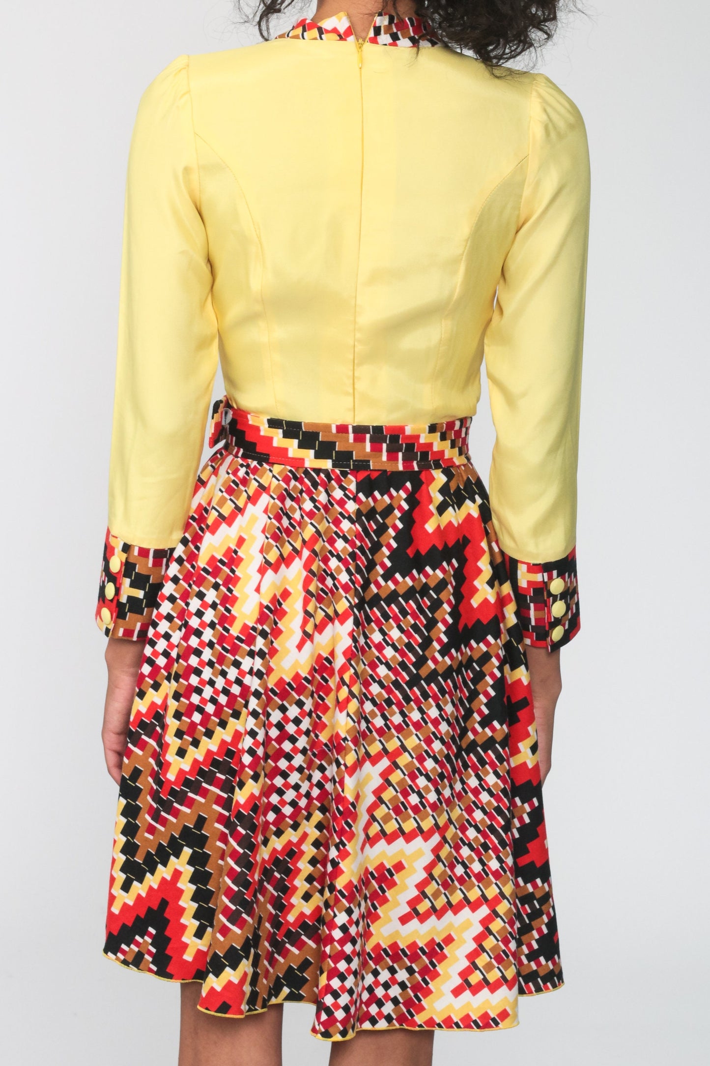 70s Geometric Mini Dress Long Sleeve High Waist Yellow Orange Extra Small