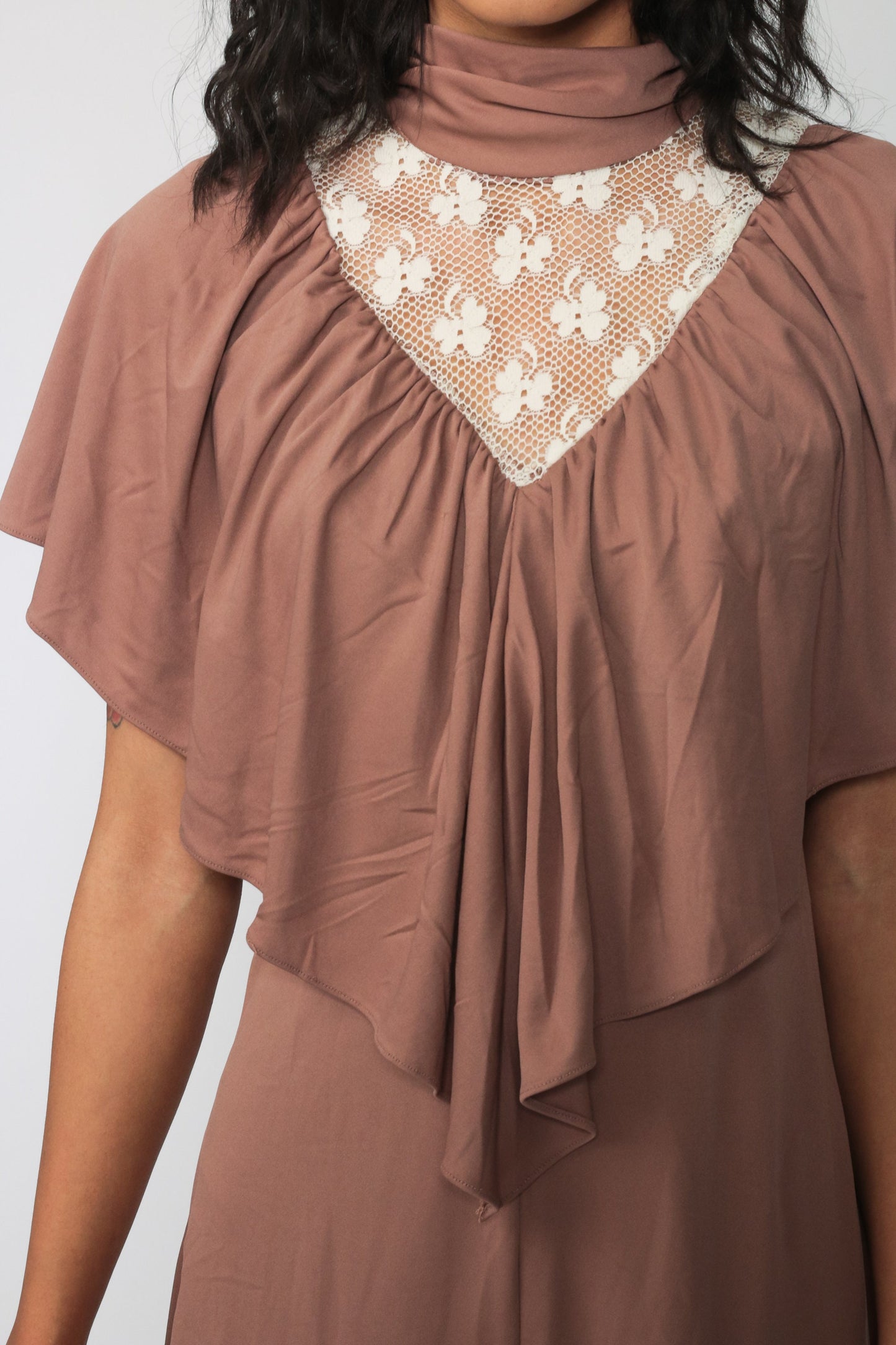 70s Lace Mini Dress with Draped Capelet Mocha High Neck Small