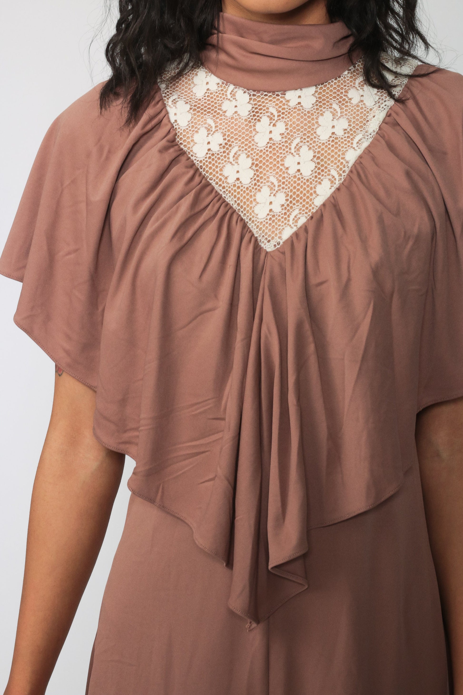 70s Lace Mini Dress with Draped Capelet Mocha High Neck Small