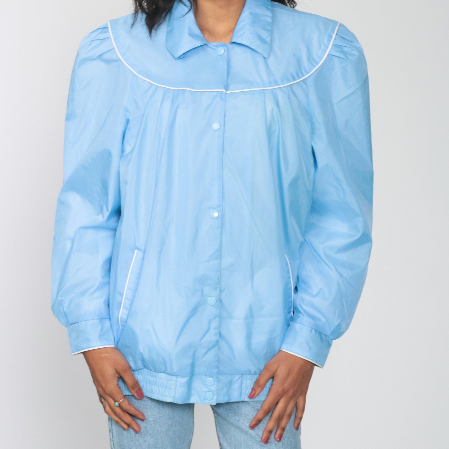 80s Blue Windbreaker Jacket Puff Sleeve Bomber Medium