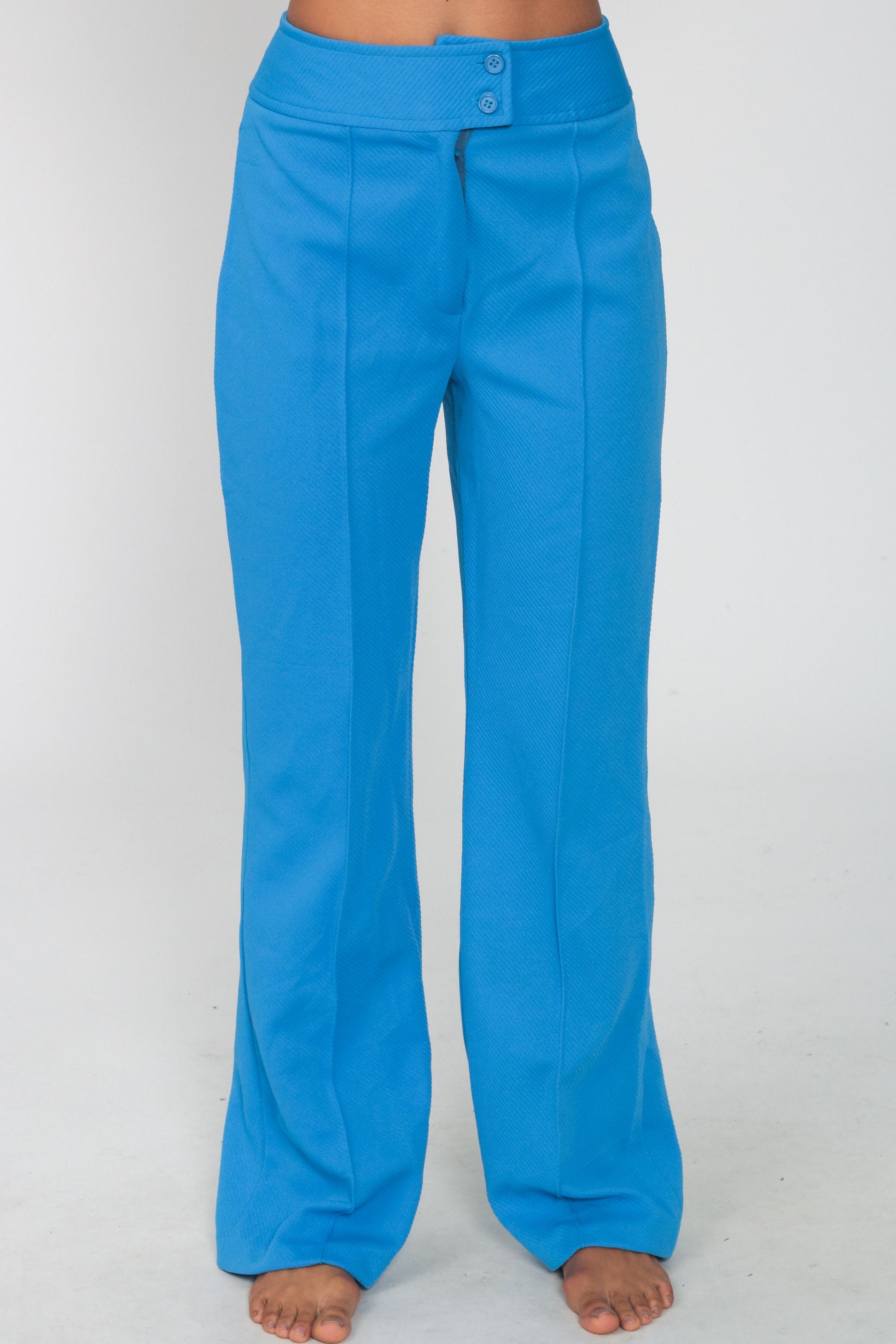 70s Blue Polyester High Waist Bell Bottom Trousers Small