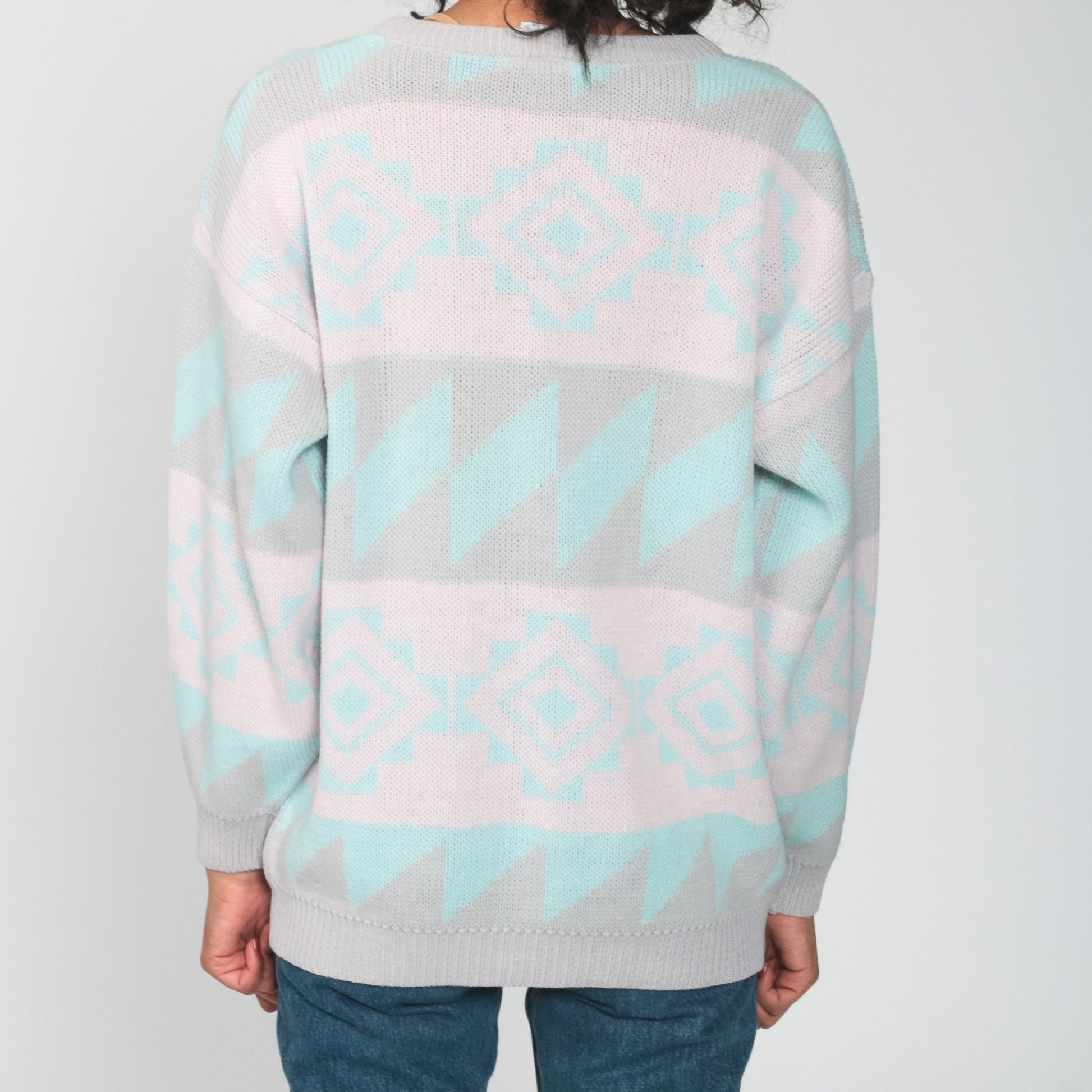 80s Southwestern Tribal Sweater Pastel Pink Geometric Knit Medium