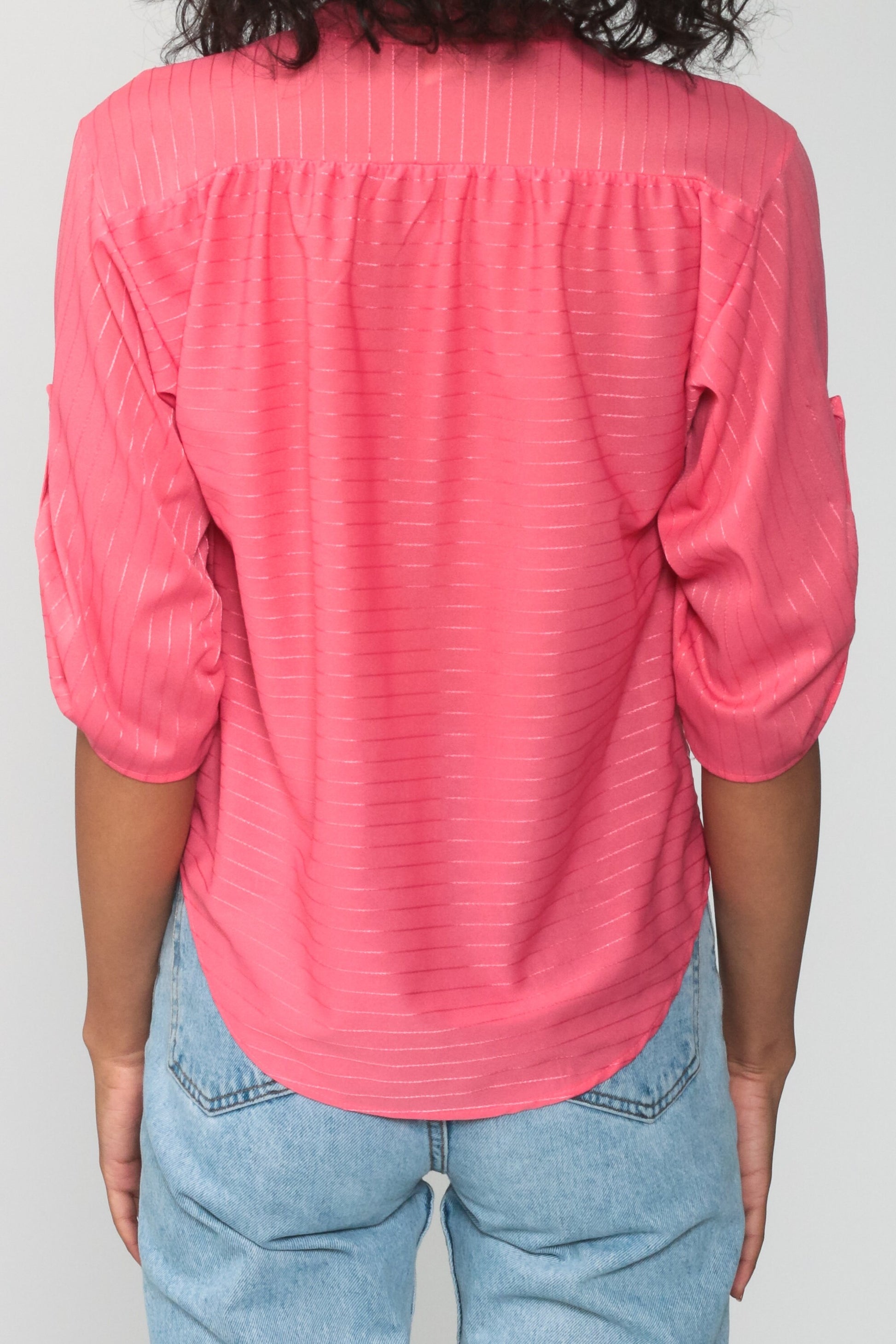 80s Pink Striped Button-Up Blouse Short Sleeve Collar Shirt Medium
