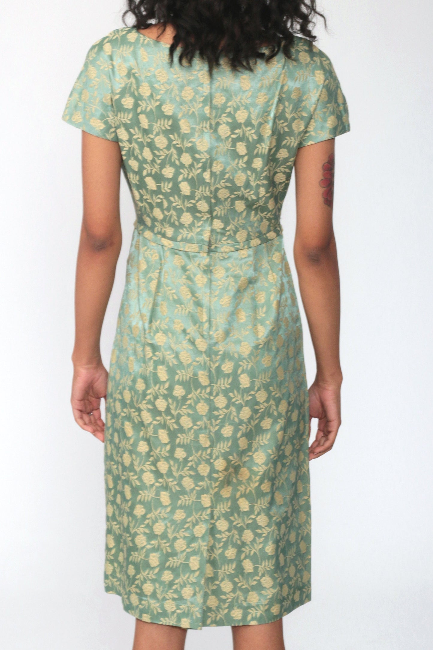 60s Leslie Fay Green Floral Brocade Dress Knee-Length Sheath Extra Small