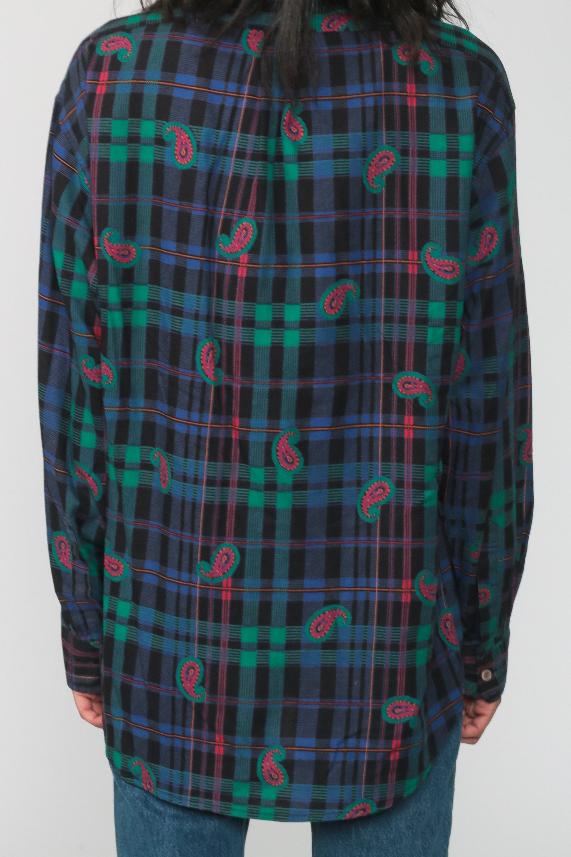 90s Plaid Paisley Button Up Shirt Blue Long Sleeve Blouse Large