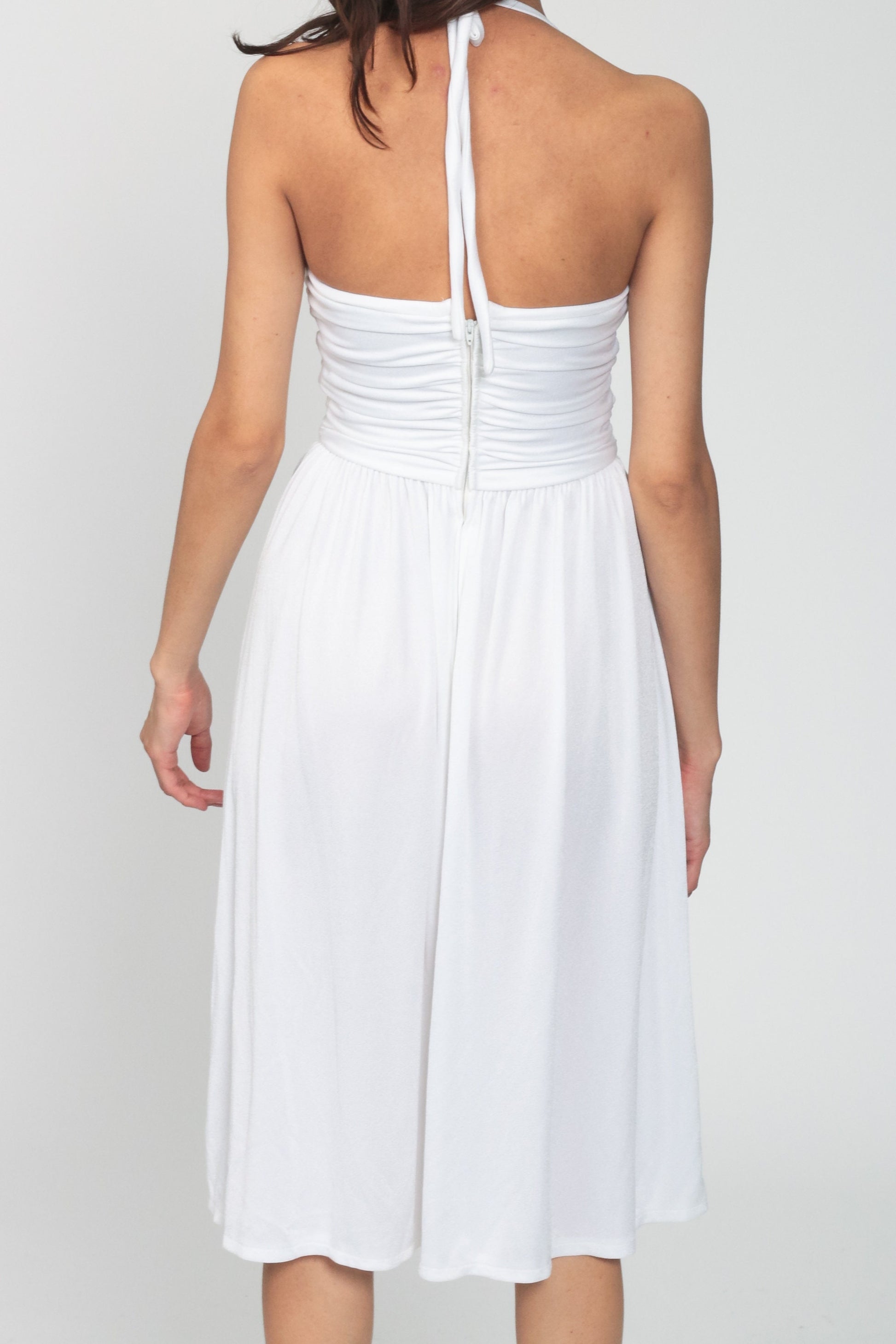 70s White Halter Midi Dress Beaded Cutout Plunging Neckline Extra Small