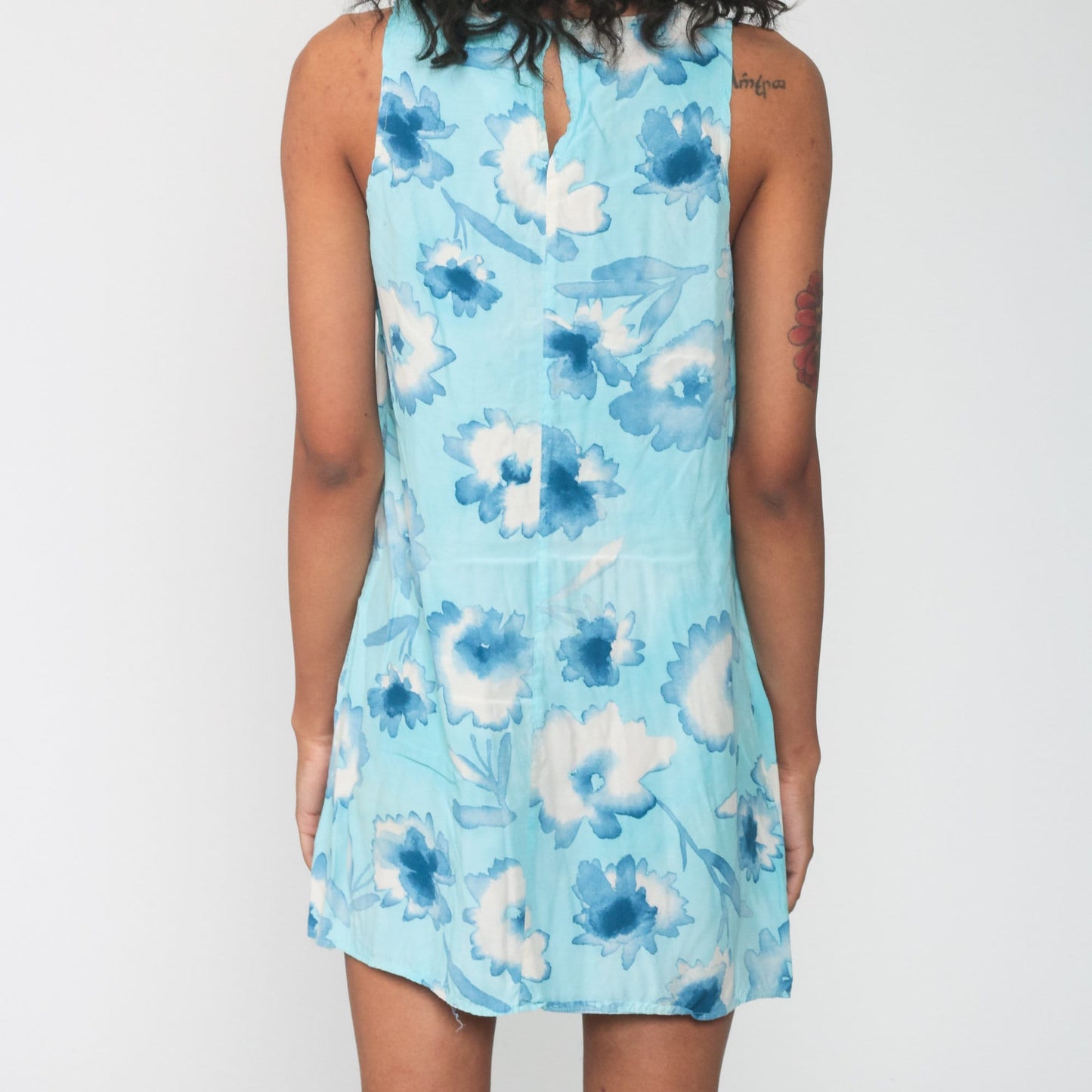 90s Blue Floral Mini Sundress Sleeveless Shift Dress Small