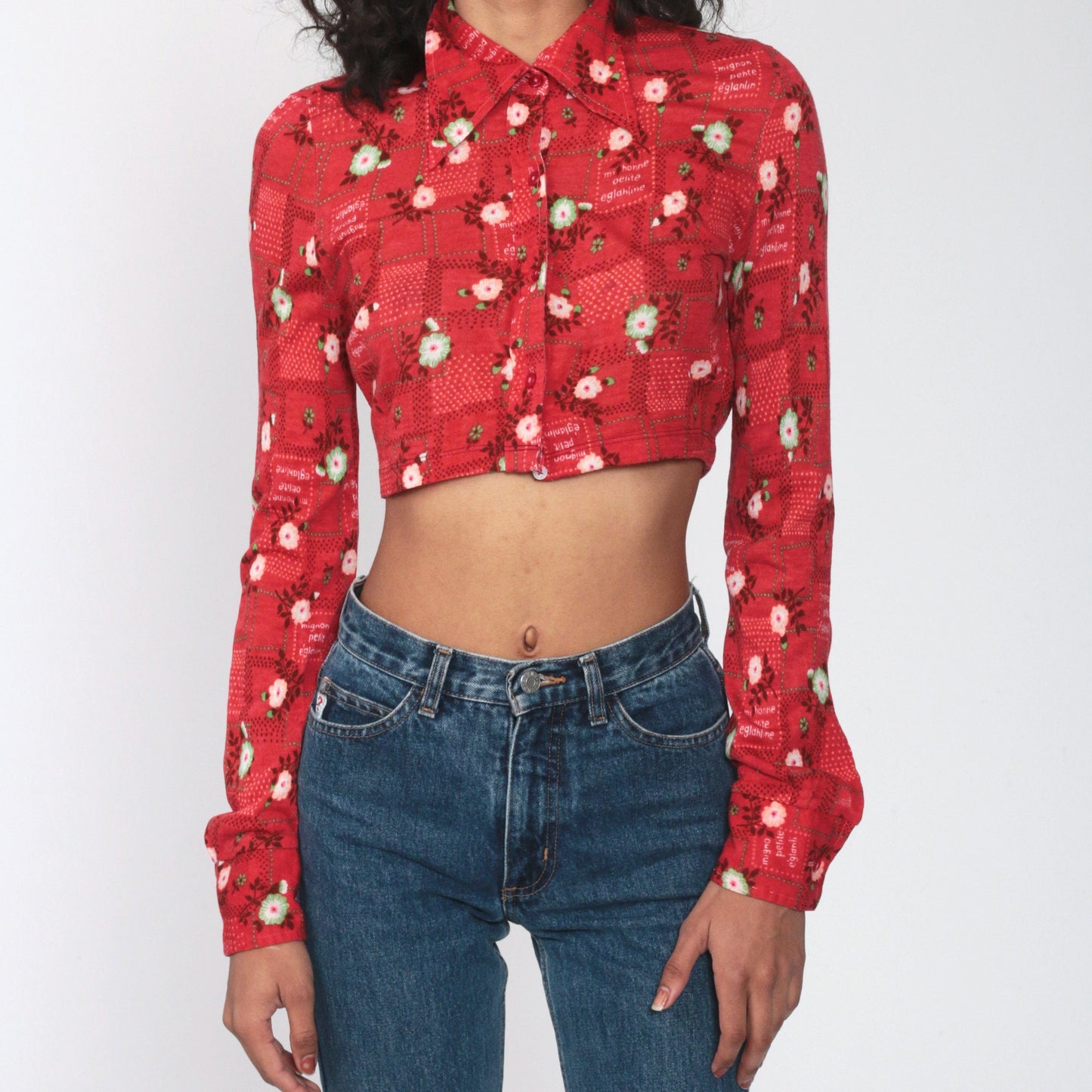 70s Red Floral Button-Up Blouse Long Sleeve Crop Top Extra Small