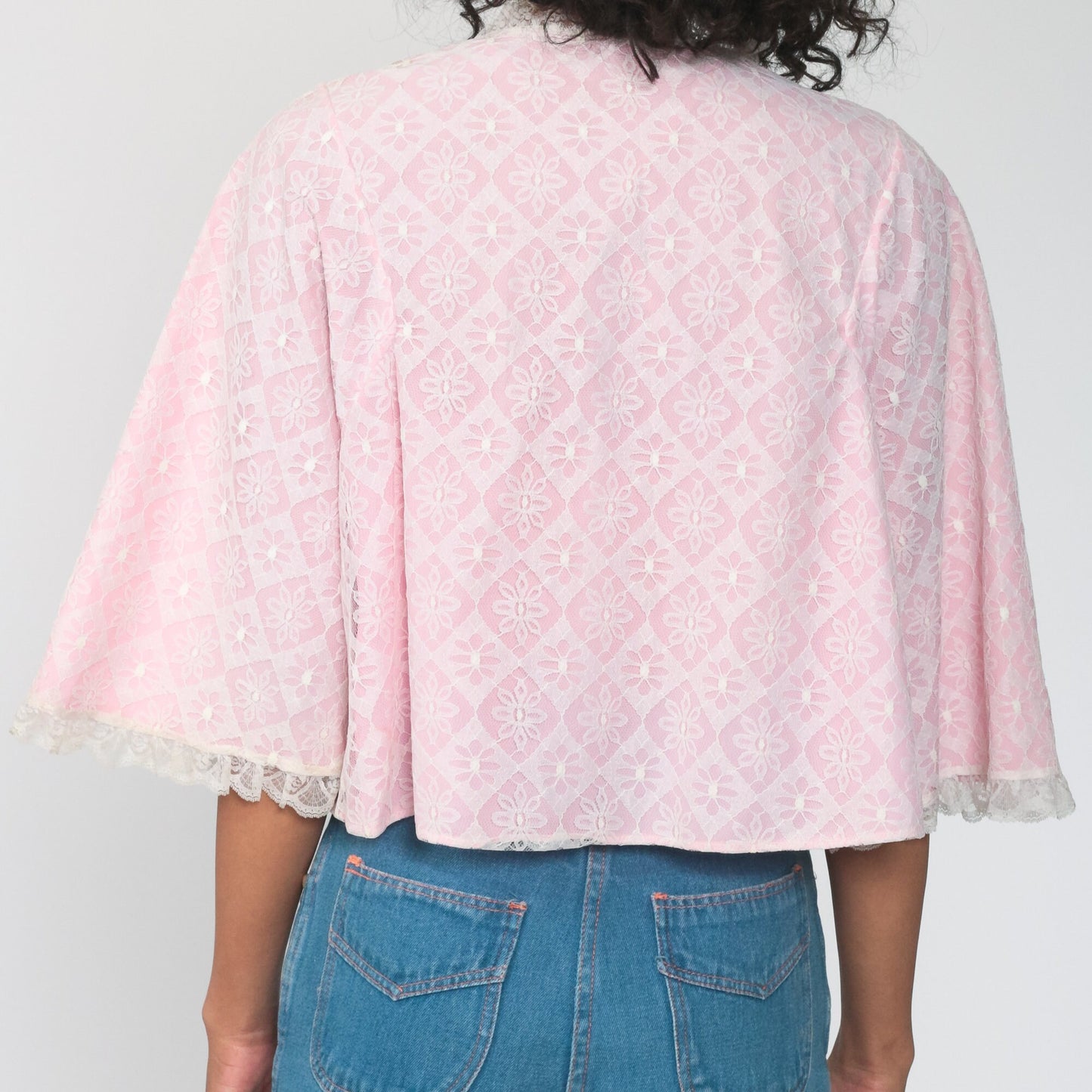 70s Baby Pink Lace Lingerie Pajama Top Button-Up Sleep Shirt Small