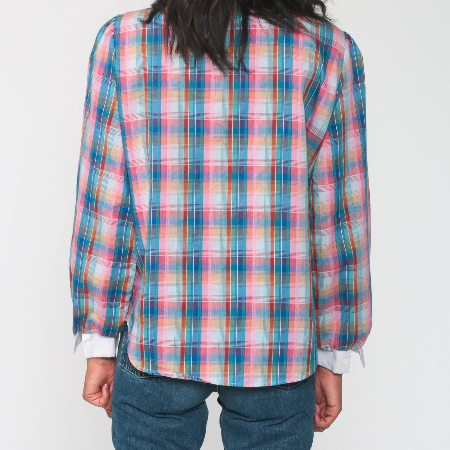 80s Plaid Button-Up Blouse Multicolor Long Sleeve Shirt Medium Large