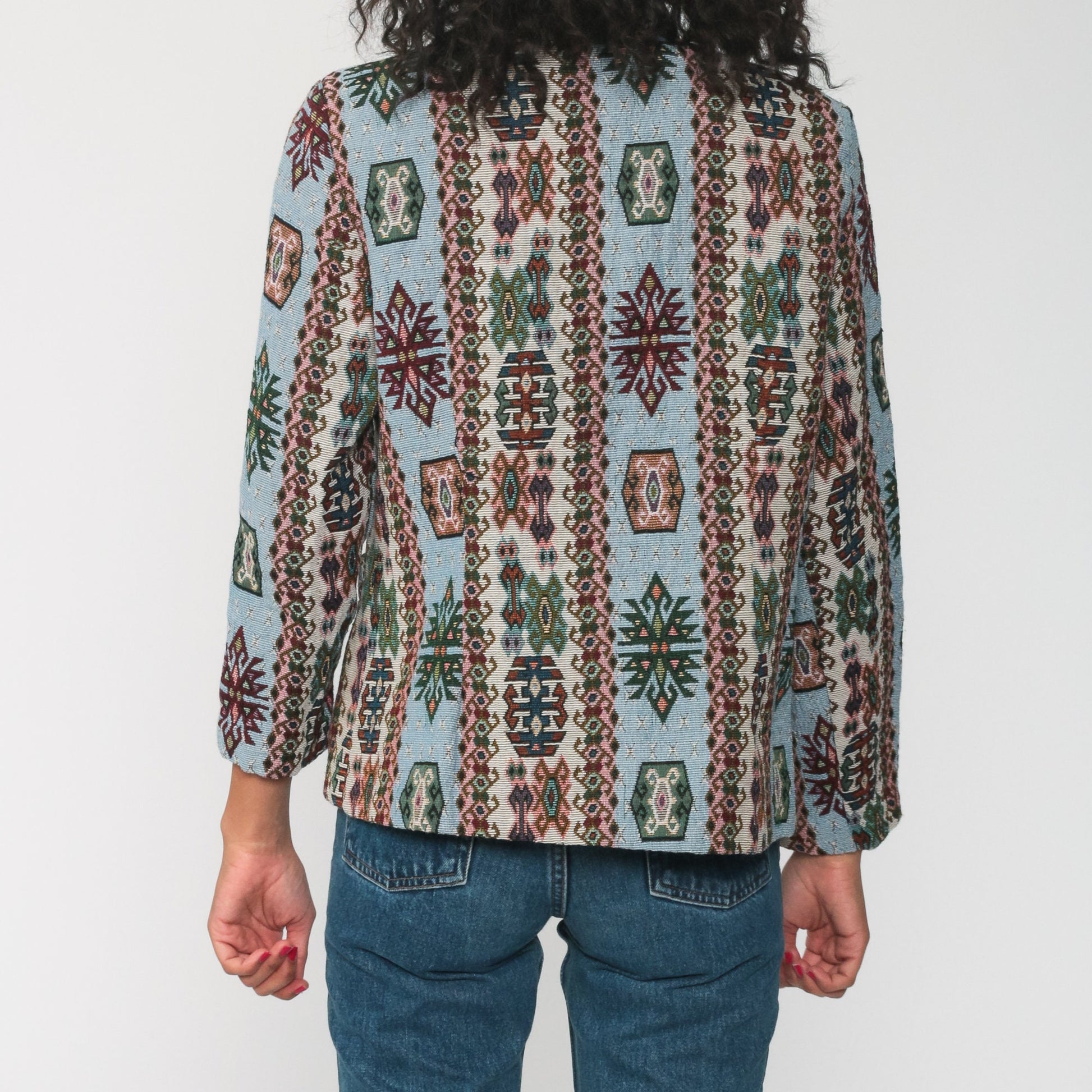 80s Southwestern Tribal Blanket Jacket Aztec Print Blue Blazer Small