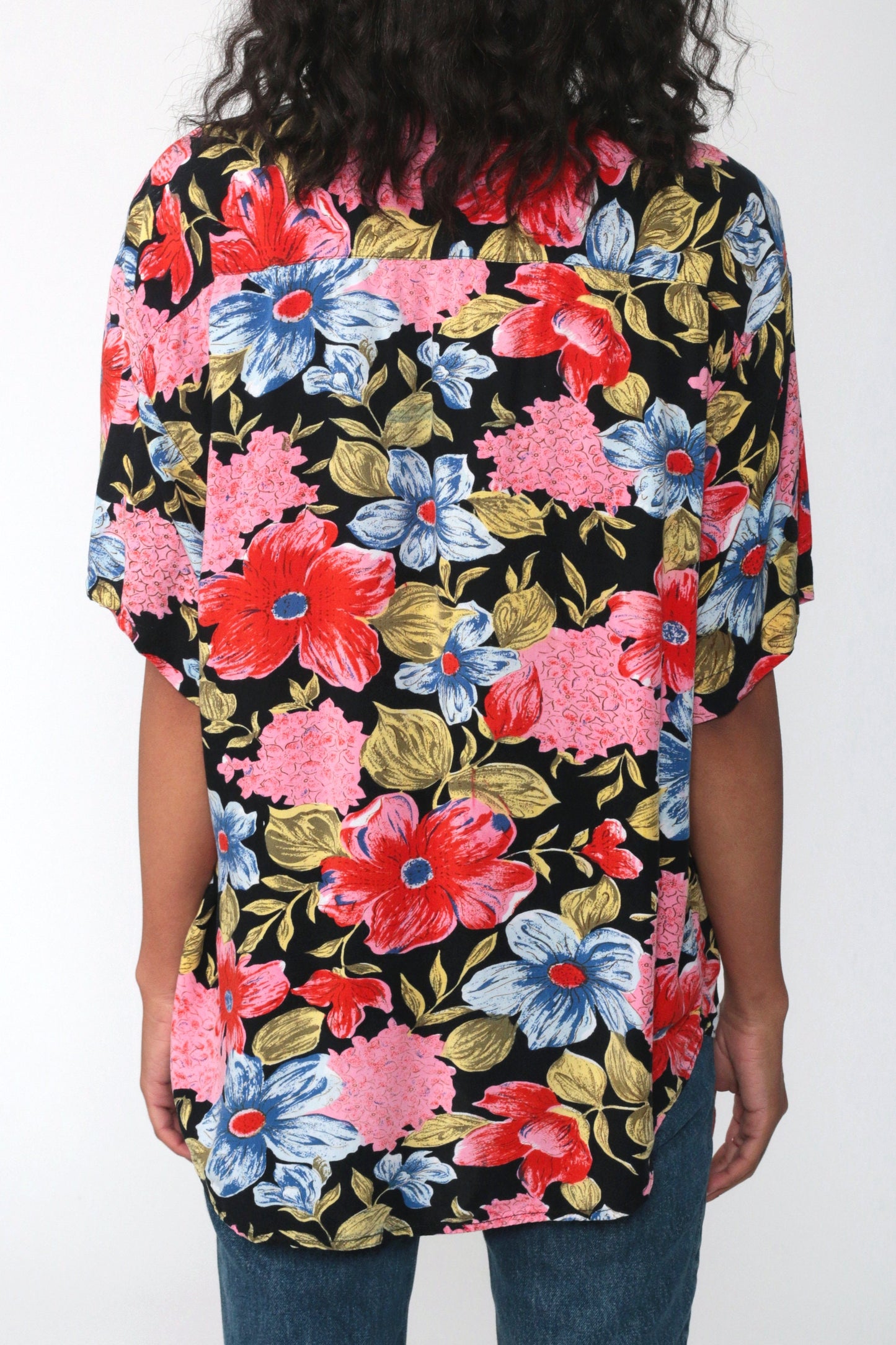 80s Floral Button Up Shirt Rayon Short Sleeve Blouse Black Red Pink Large