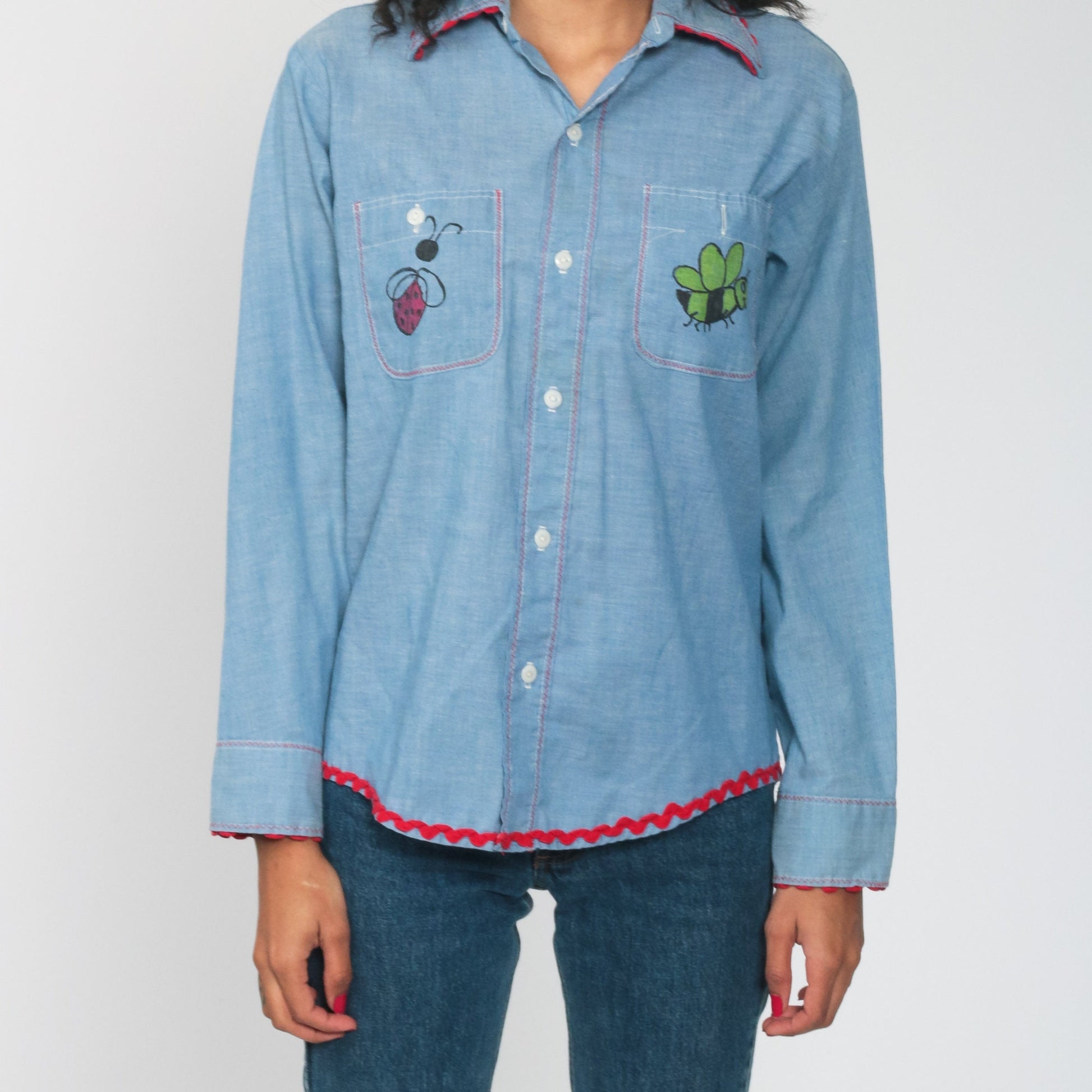 70s Raggedy Ann Andy Chambray Western Shirt Blue Graphic Button Up Medium
