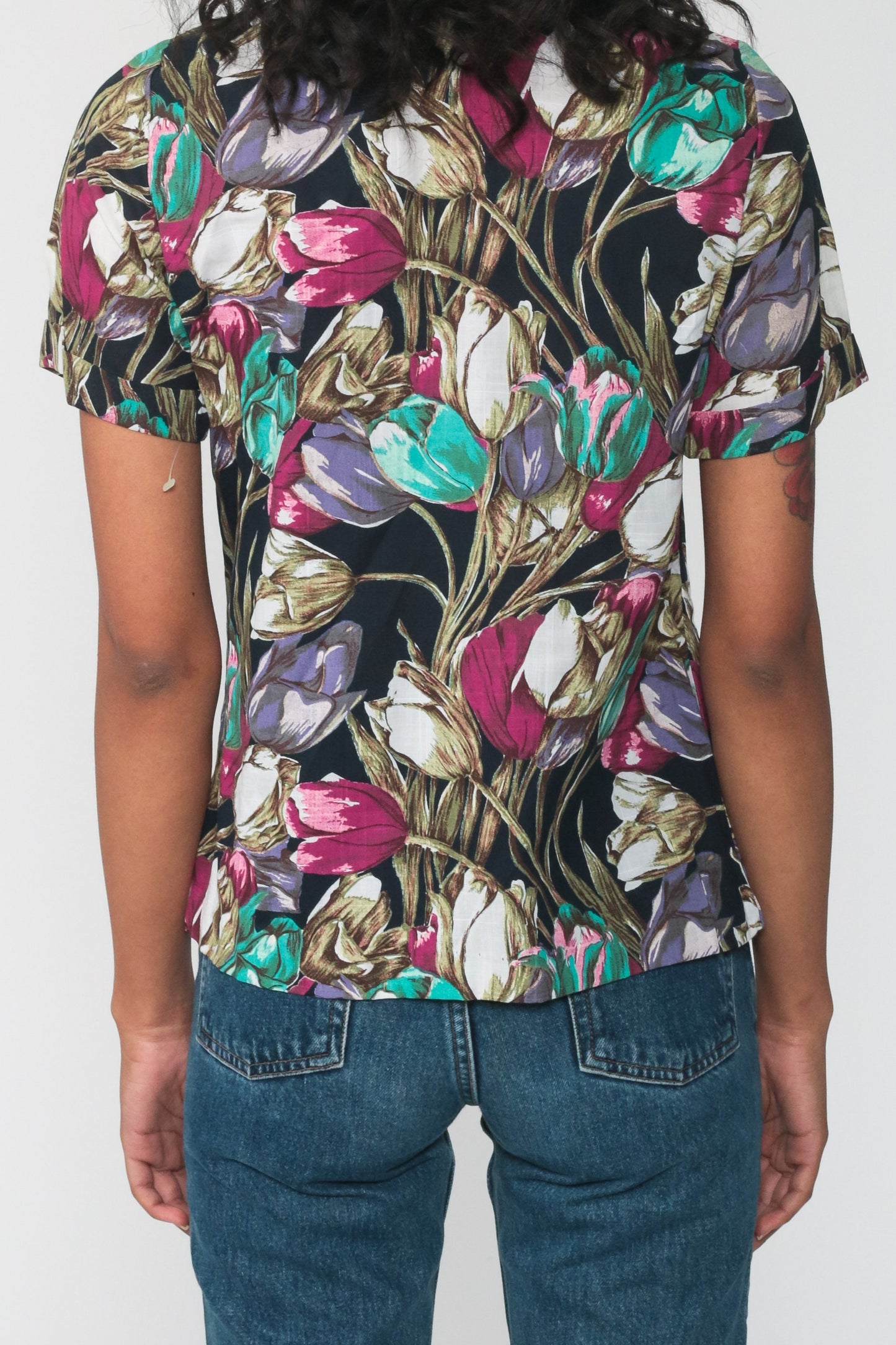 90s Floral Rayon Button-Up Shirt Short Sleeve Grey Small