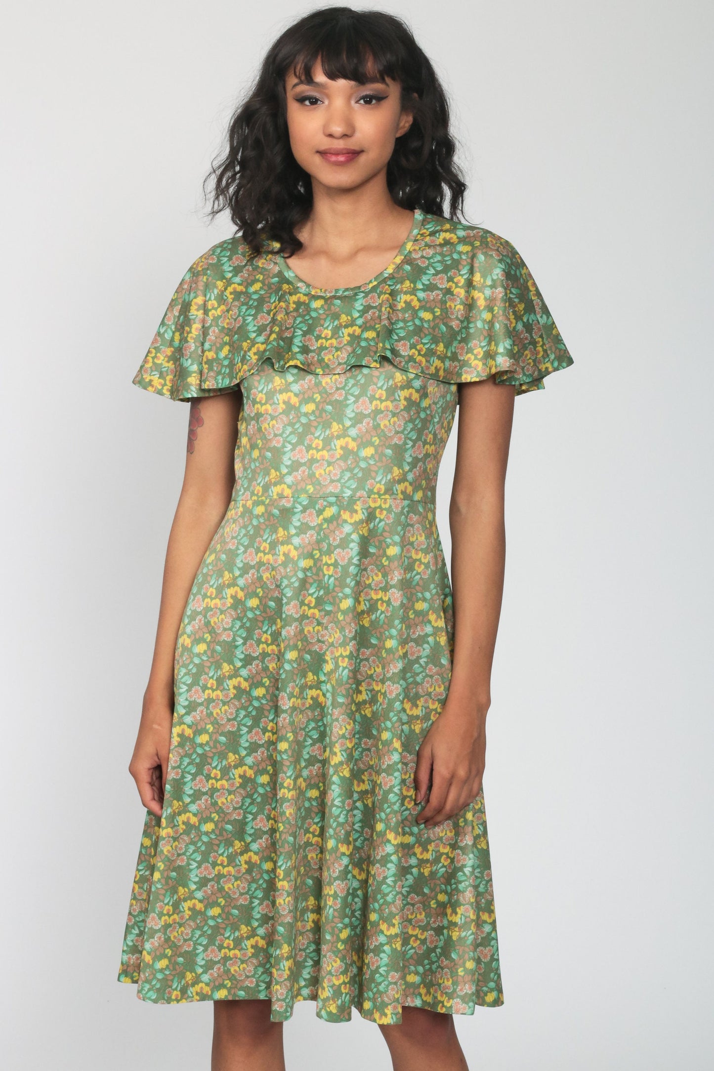 70s Green Floral Midi Dress Capelet High Waist Sleeveless Small