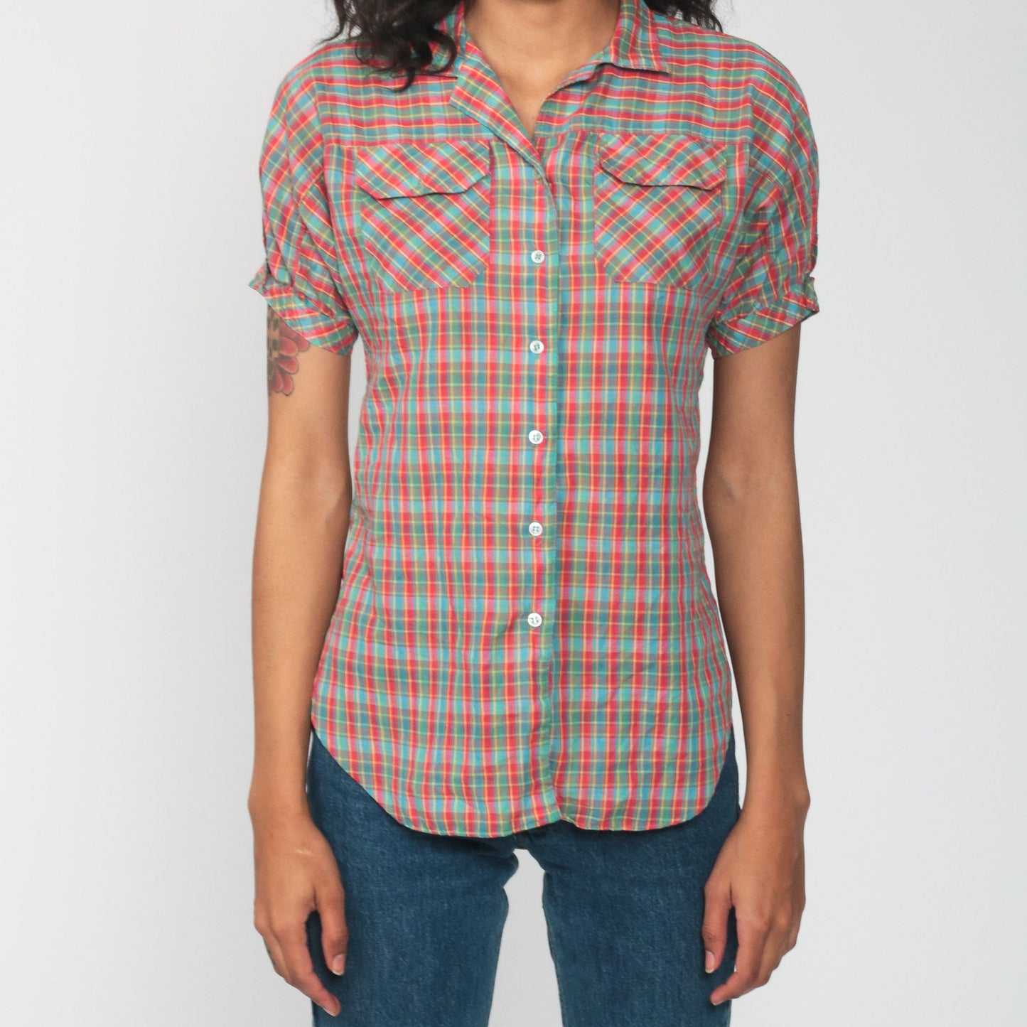 80s Plaid Cotton Button-Up Blouse Red Green Puff Sleeve Extra Small